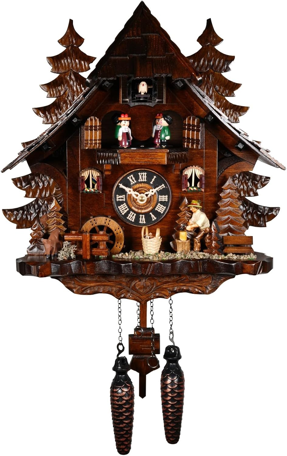 Engstler Quartz Cuckoo Clock Black Forest House with Moving Wood Chopper and Mill Wheel, with Music EN 473 QMT