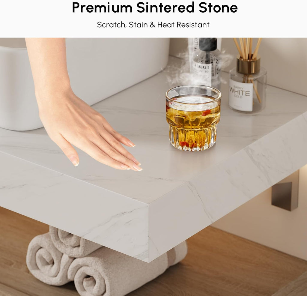 homary 35' Floating Bathroom Vanity with Sink, Wall Mounted Bathroom Vanity with Sintered Stone Countertop, Ceramic Vessel Sink, 1 Drawer Storage, Modern Bathroom Cabinet for Small Bathroom, Natural