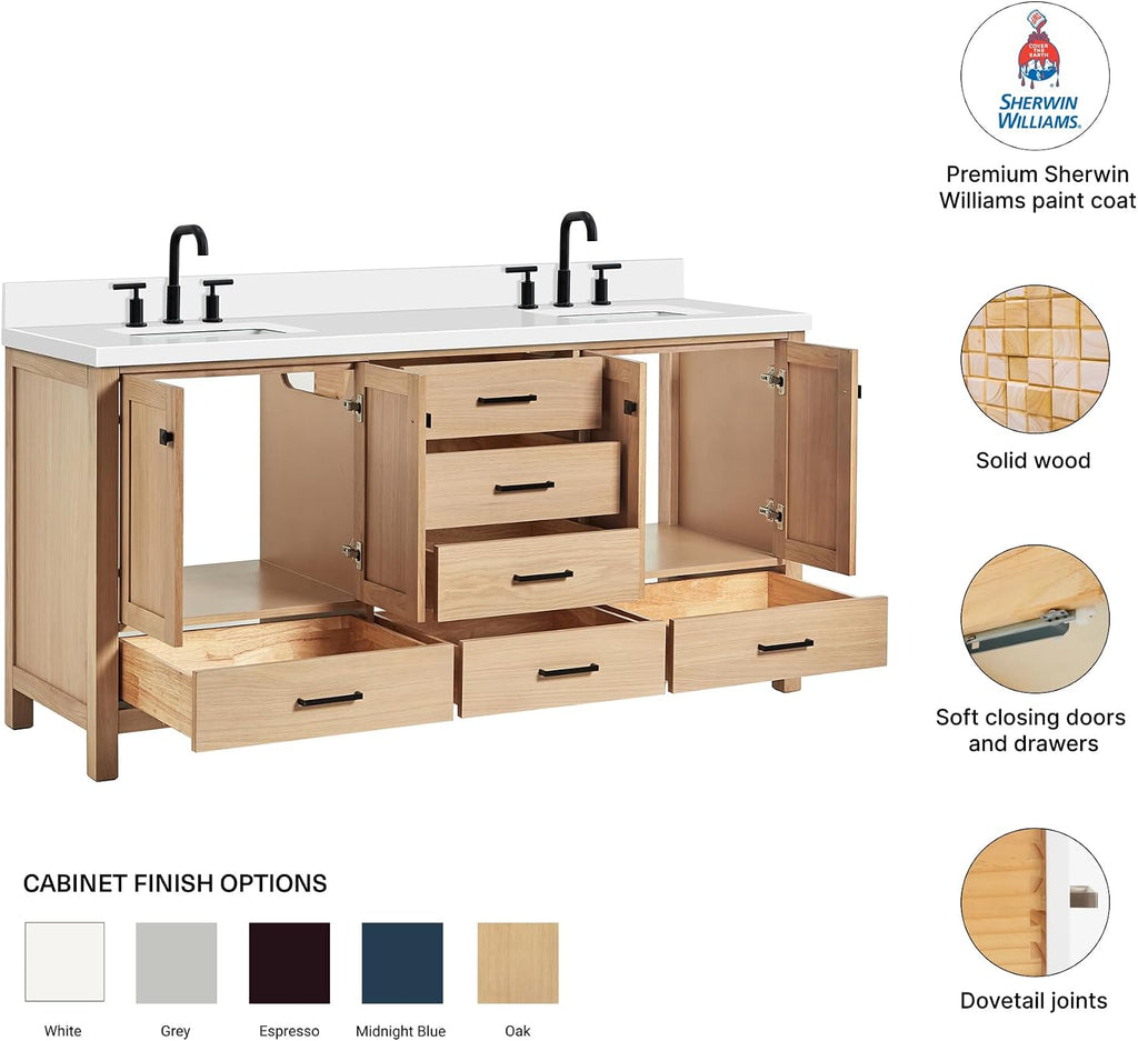 DKB Beckford 72-Inch Oak Double Bathroom Vanity, 1.5-Inch Pure White Quartz Countertop & 4-Inch Backsplash, Rectangle Sinks, 4 Soft Closing Doors, 6 Dovetail Drawers, Matte Black Hardware