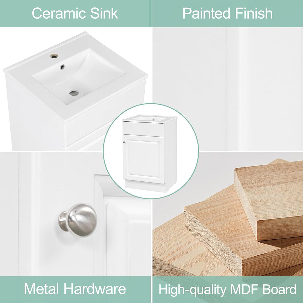 Harper & Bright Designs 20' Bathroom Vanity with Sink, Free Standing Single Basin Vanity Set with Adjustable Shelf & Storage Rack, Solid Wood Bathroom Cabinet with Ceramic Basin for Bathroom, White