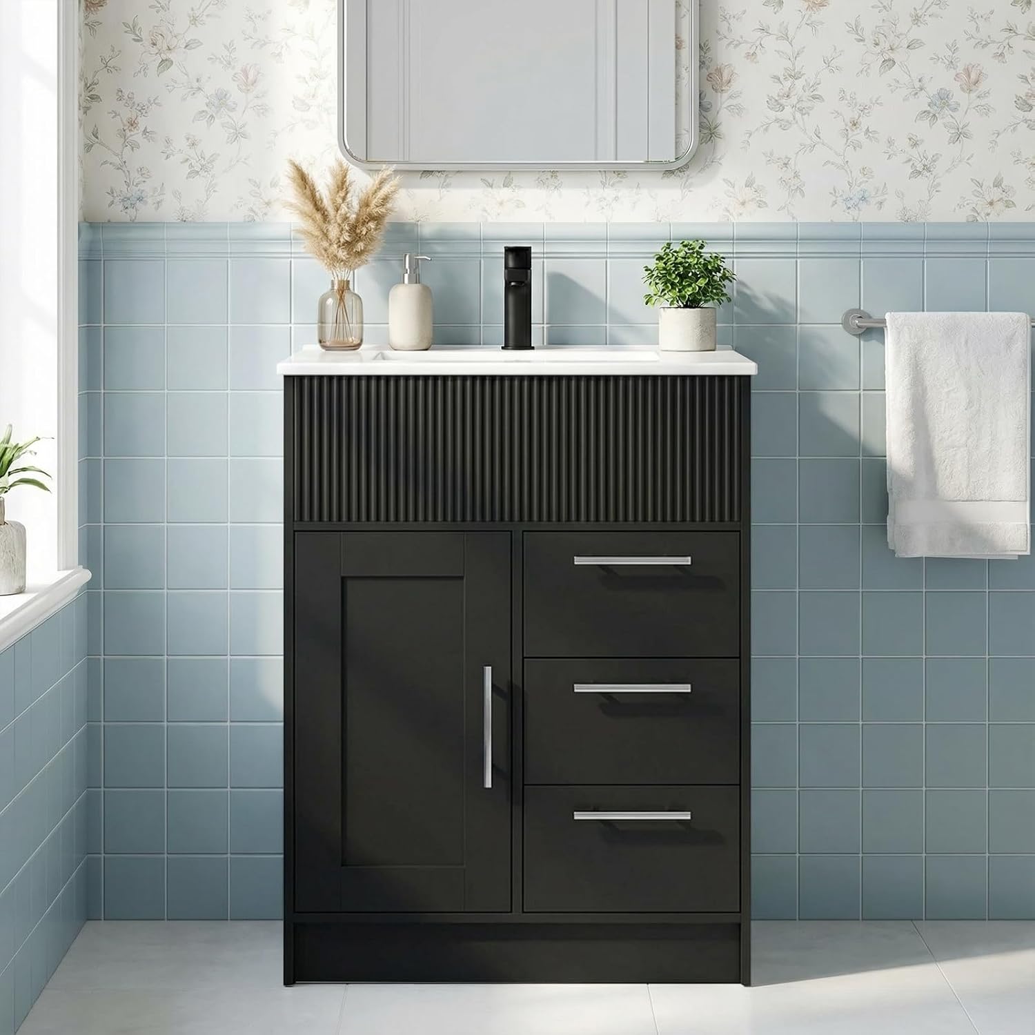 Kikihouse 24 Inch Bathroom Vanity with Sink, Freestanding Modern Bathroom Vanity Cabinet with Ceramic Basin, Single Sink Small Bathroom Vanity for Apartment (Black, 24 inch)