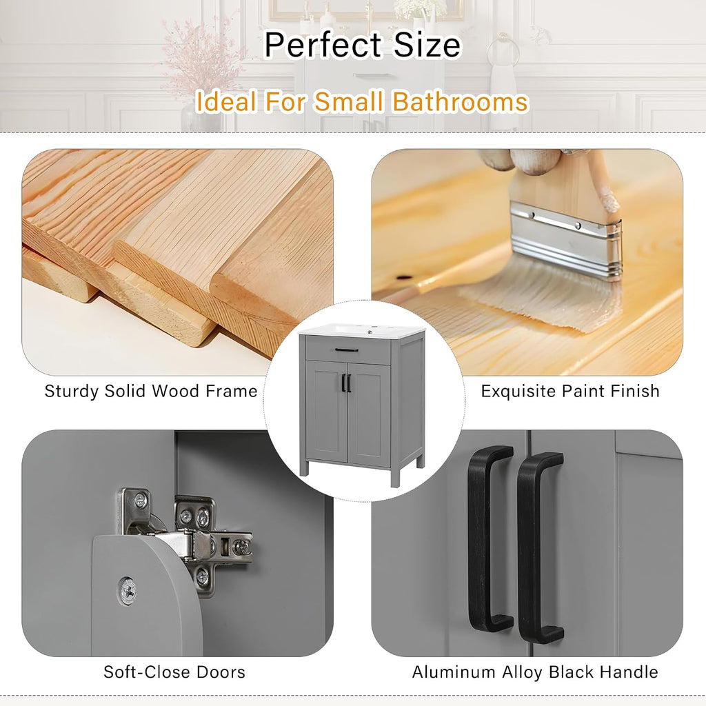 Harper & Bright Designs 24' Bathroom Vanity with Sink, Free Standing Single Basin Vanity Set with 2 Soft-Close Doors and Drawer, Modern Wooden Storage Cabinet with Ceramic Basin for Bathroom, Grey
