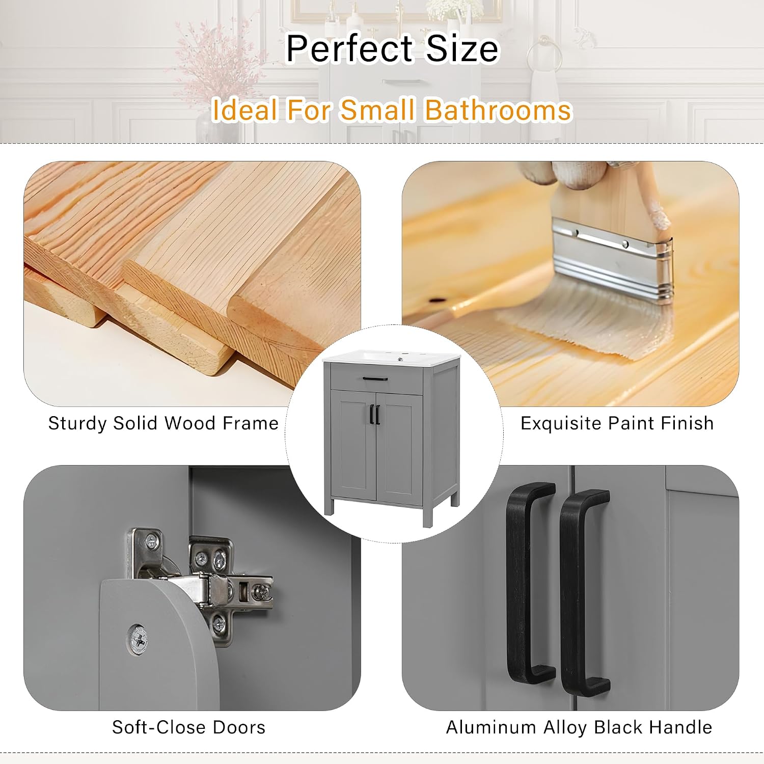 Harper & Bright Designs 24' Bathroom Vanity with Sink, Free Standing Single Basin Vanity Set with 2 Soft-Close Doors and Drawer, Modern Wooden Storage Cabinet with Ceramic Basin for Bathroom, Grey