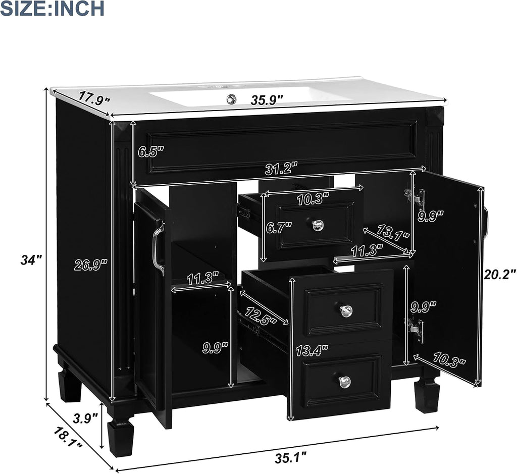 Virubi 36' 'Bathroom Vanity with Ceramic Sink, Traditional Bathroom Storage Cabinet with 2 Doors and 2 Drawers, Solid Wood Frame Bathroom Vanities