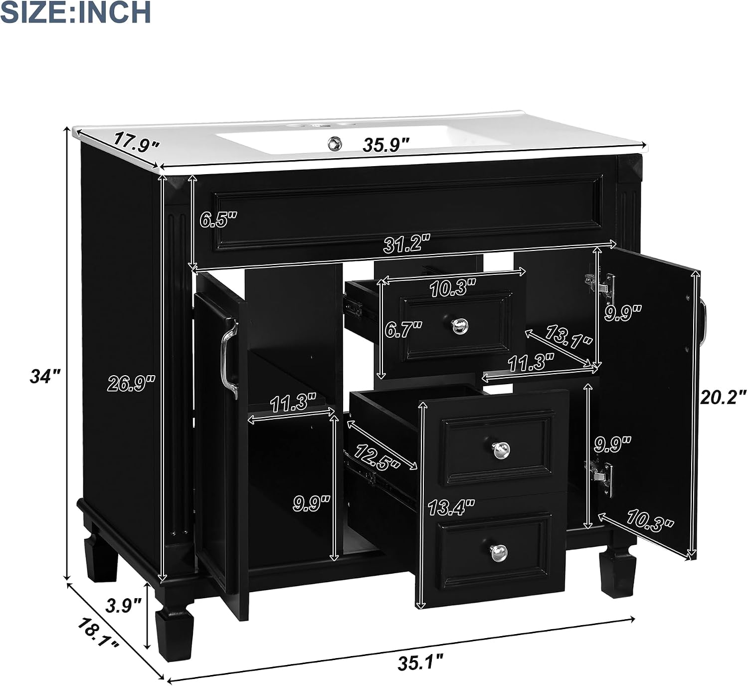 Virubi 36' 'Bathroom Vanity with Ceramic Sink, Traditional Bathroom Storage Cabinet with 2 Doors and 2 Drawers, Solid Wood Frame Bathroom Vanities