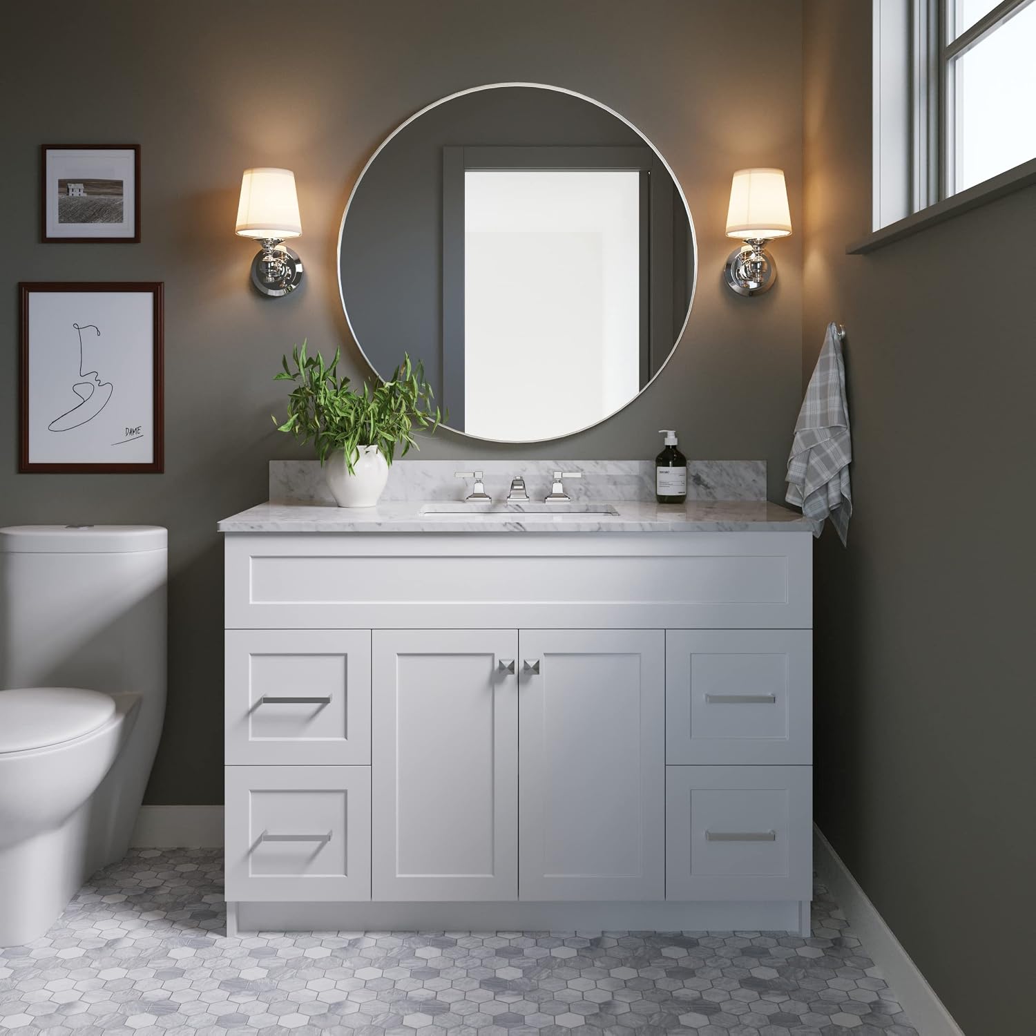 ARIEL Hamlet 48-inch Bathroom Vanity with Sink,Solid Wood, 0.75-inch Italian Carrara Marble Countertop, Single Rectangular Porcelain Sink, Soft Closing Doors, Dovetail Drawers, White