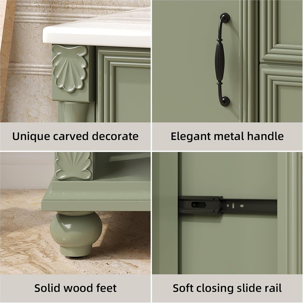 ONBRILL 36' Bathroom Vanity with Sink Combo, Modern Bathroom Vanities with Open Storage Shelf, 4 Solid Legs, Drawer, Door, Ceramic Integrated Sink, Freestanding Bath Storage Cabinet (Green)