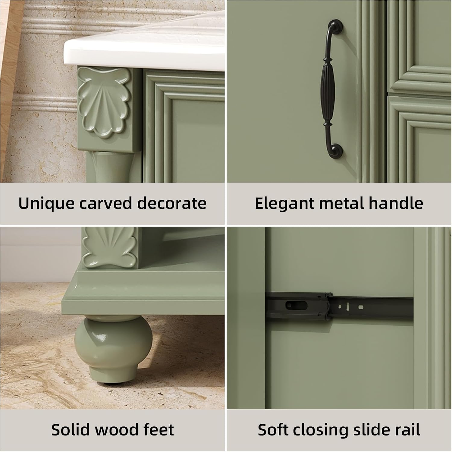 ONBRILL 36' Bathroom Vanity with Sink Combo, Modern Bathroom Vanities with Open Storage Shelf, 4 Solid Legs, Drawer, Door, Ceramic Integrated Sink, Freestanding Bath Storage Cabinet (Green)