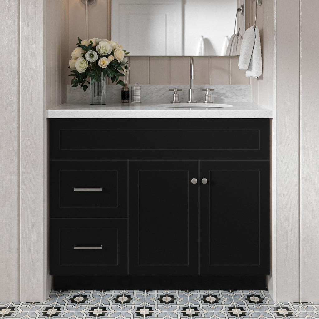 DKB Bradford 42' Black Bathroom Vanity with Sink, 1.5' Italian Carrara Marble Countertop, Solid Wood Frame, Oval Undermount Sink, Soft Closing Doors & Drawers