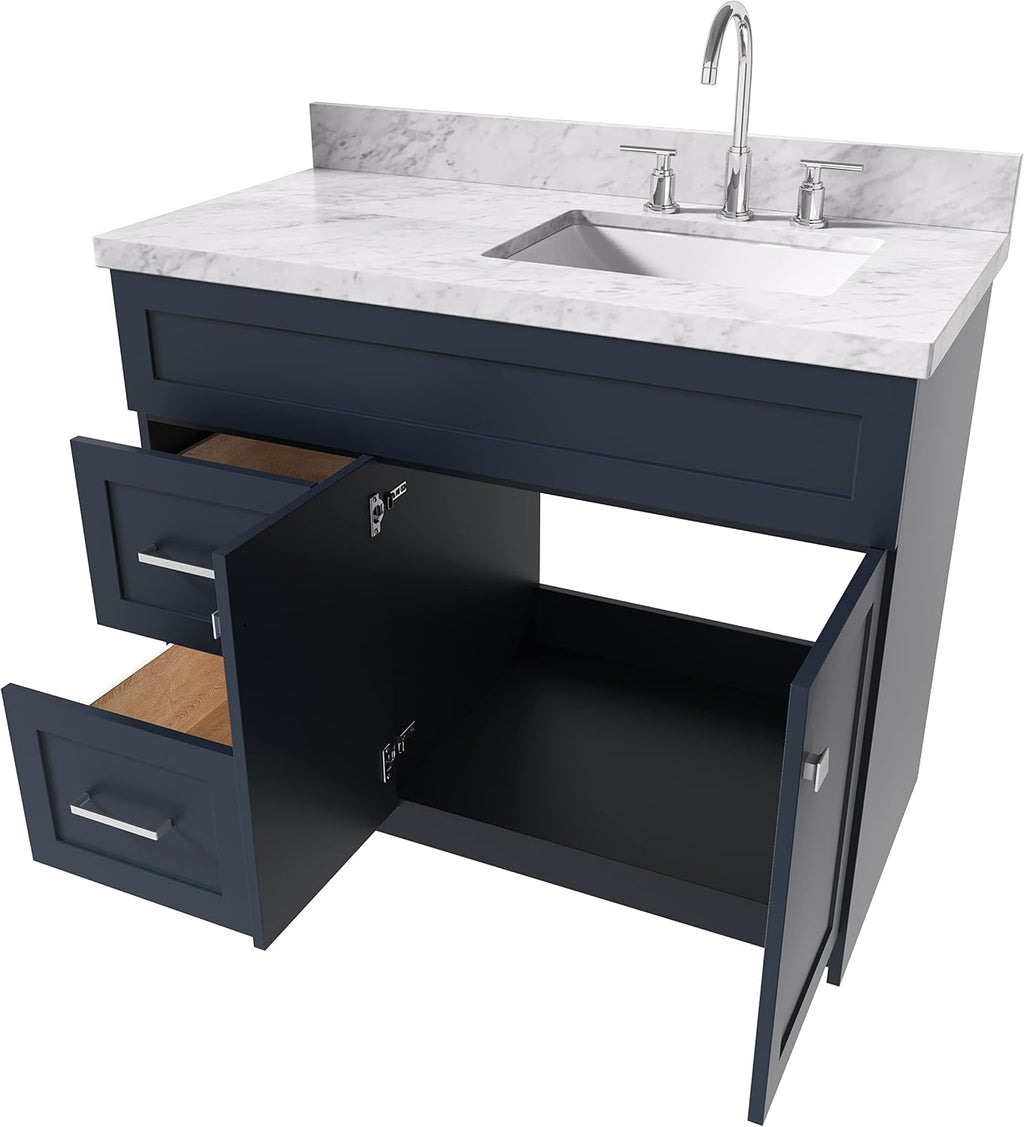 ARIEL 48' Grey Bathroom Vanity with Sink, 1.5' Pure White Quartz Countertop, Rectangular Sink, 2 Soft Close Doors, 4 Full Extension Dovetail Drawers, Brushed Nickel