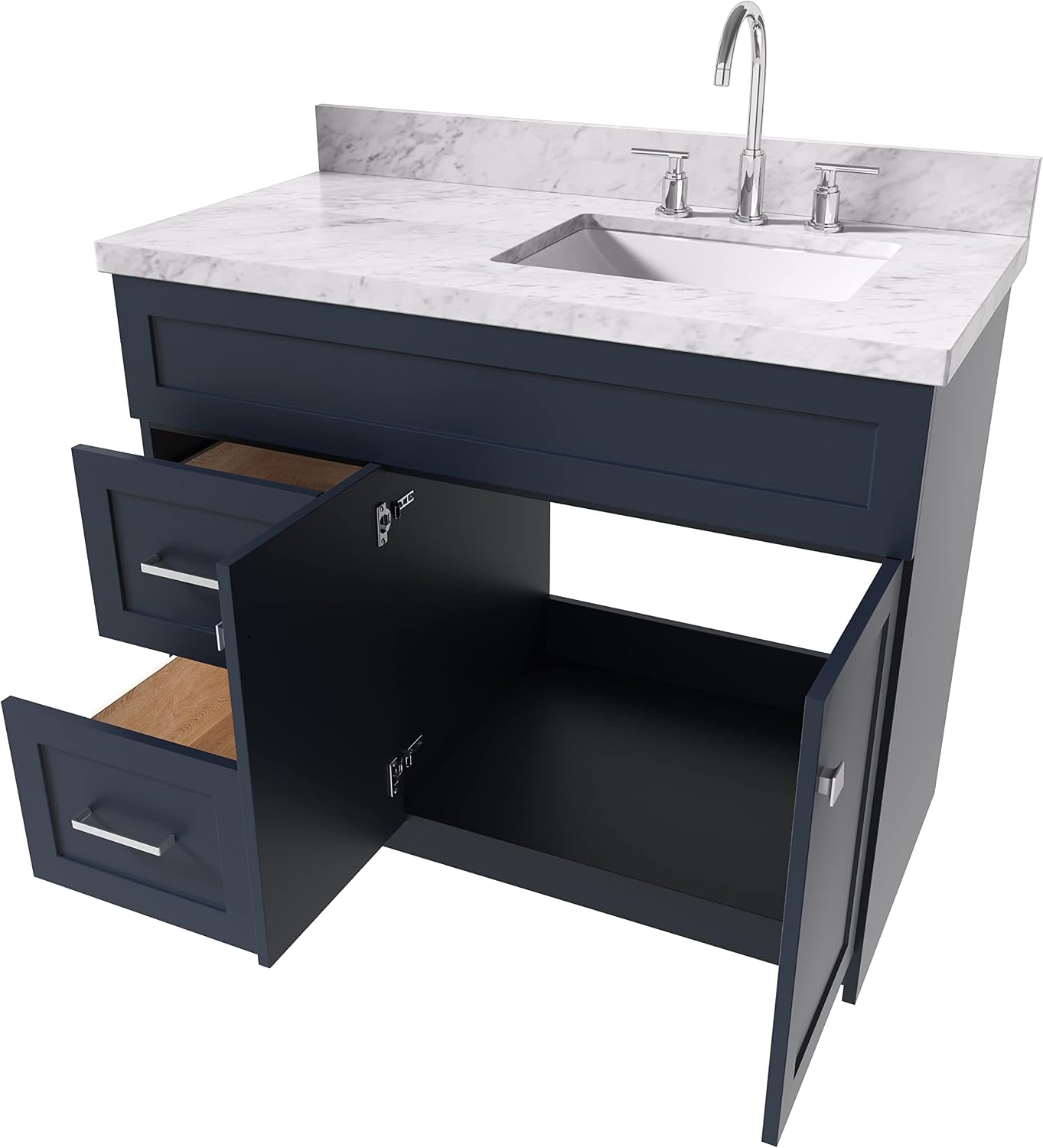 ARIEL 48' Grey Bathroom Vanity with Sink, 1.5' Pure White Quartz Countertop, Rectangular Sink, 2 Soft Close Doors, 4 Full Extension Dovetail Drawers, Brushed Nickel