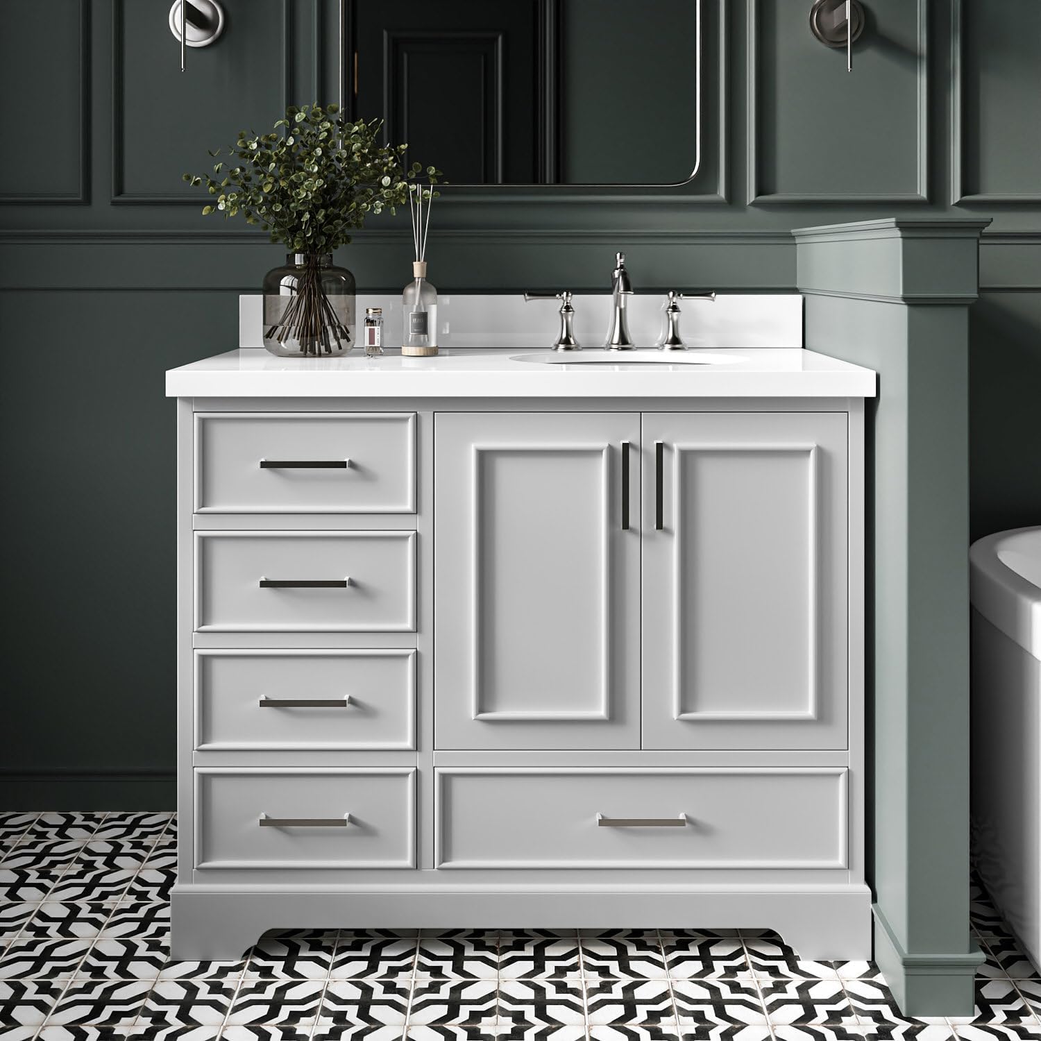 DKB Langford 42-inch Grey Bathroom Vanity with Right Oval Single Sink, Pure White Quartz Countertop & Backsplash, Solid Wood Frame, Soft-Closing & Dovetail Drawers