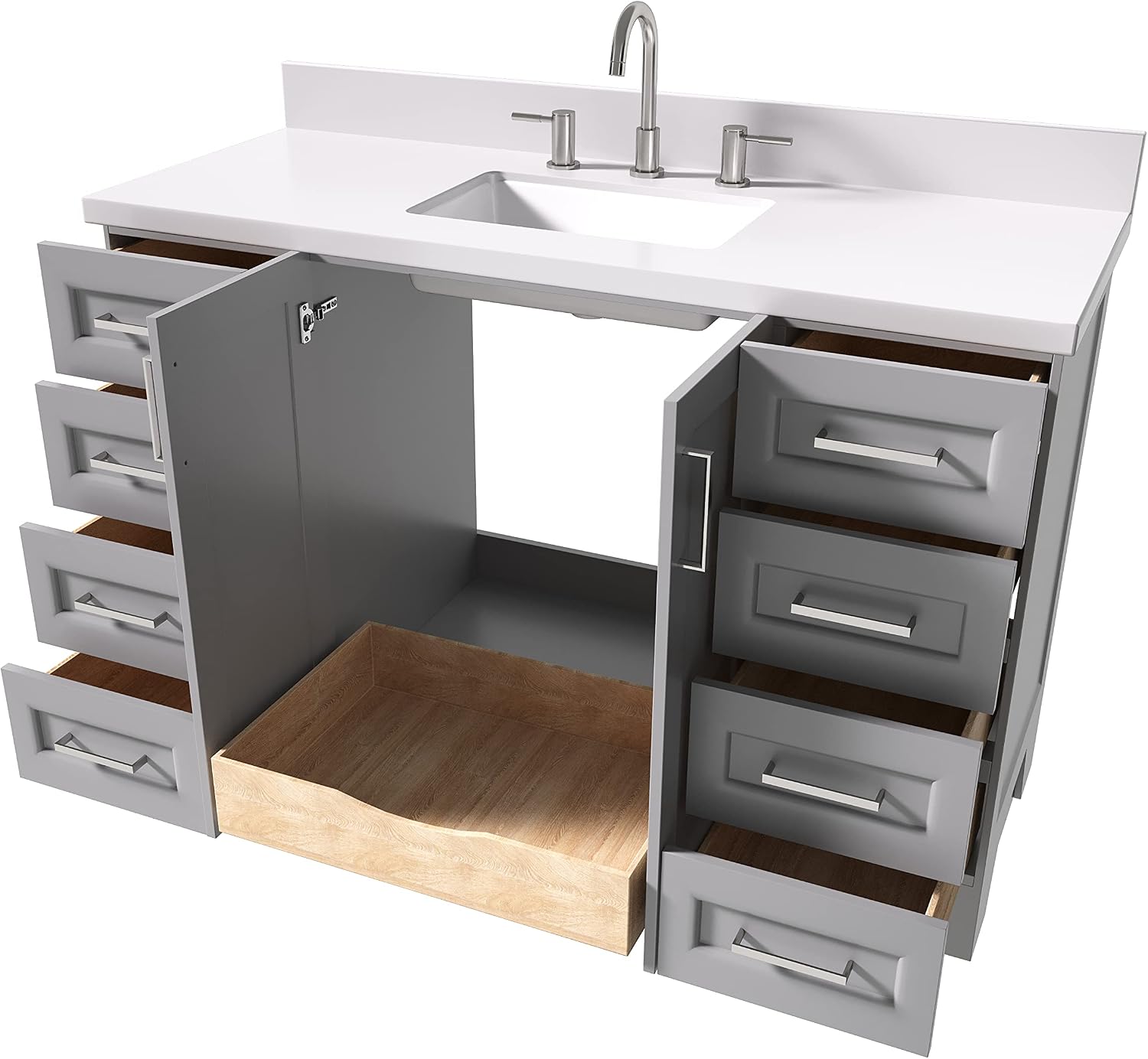 ARIEL Taylor 54-inch Bathroom Vanity with Sink,Solid Wood, 1.5-inch Pure White Quartz Countertop & Backsplash, Single Rectangular Porcelain Sink, 2 Soft Closing Doors, 9 Dovetail Drawers, Grey