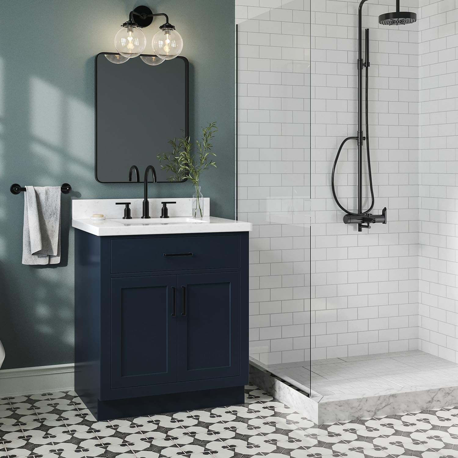ARIEL Hepburn 30-inch Bathroom Vanity with Sink,Solid Wood, 1.5-inch Carrara White Quartz Countertop, Single Rectangular Porcelain Sink, 2 Soft Closing Doors, 1 Dovetail Drawers, Midnight Blue