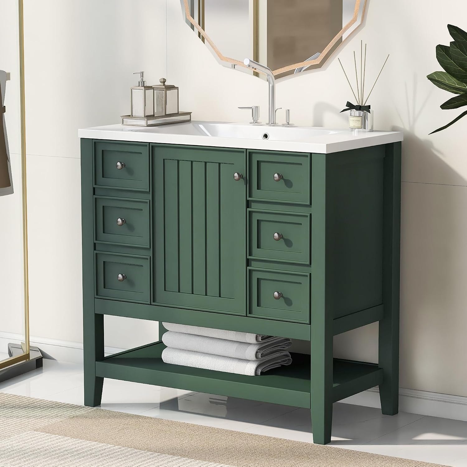 LUMISOL 36' Bathroom Vanity with Sink Combo, Bathroom Vanity Storage Cabinet with 3 Drawers & Open Shelf, Solid Wood Frame Bathroom Cabinet with Ceramic Sink, Green