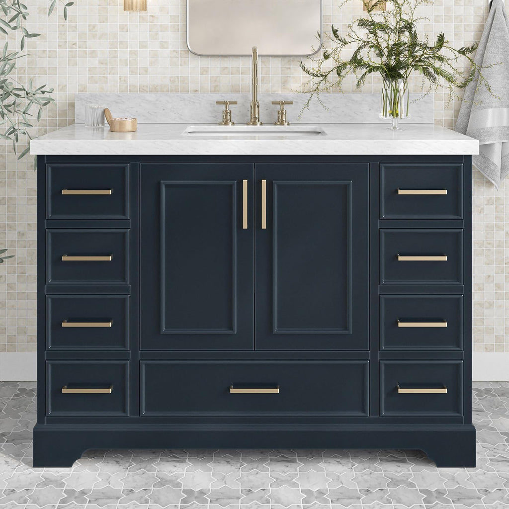 ARIEL Stafford 48-inch Bathroom Vanity with Sink,Solid Wood, 1.5-inch Italian Carrara Marble Countertop, Single Rectangular Porcelain Sink, 2 Soft Closing Doors, 9 Dovetail Drawers, Midnight Blue