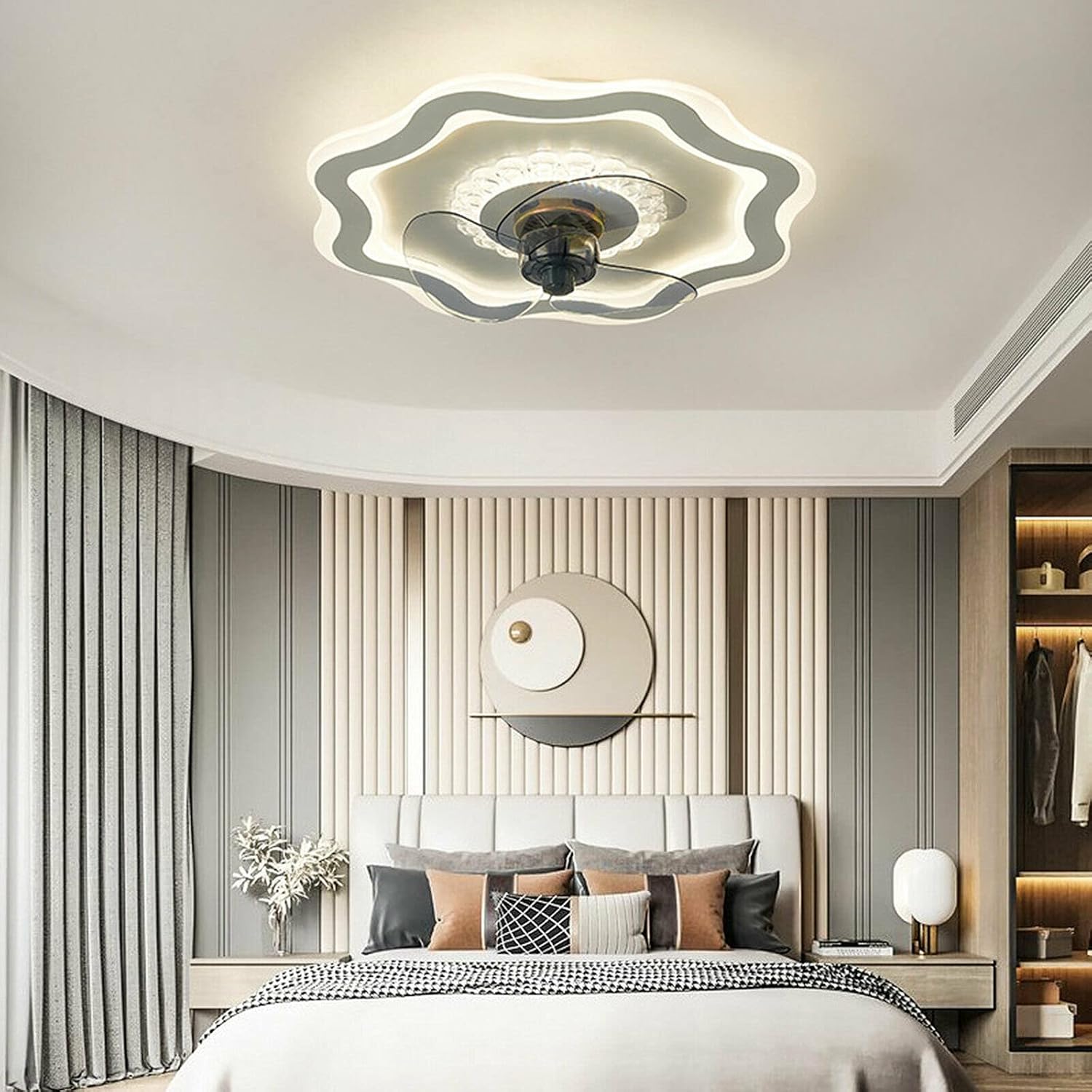 Chandelier , Low Profile Ceiling Fan with Lights Remote Control 20inch Modern Fandaliers Ceiling Fan Chandelier 3 Color Dimmable 3 Speed 3 Blade Flush Mount Ceiling Fan Light for Bedroom,72W 6400LM