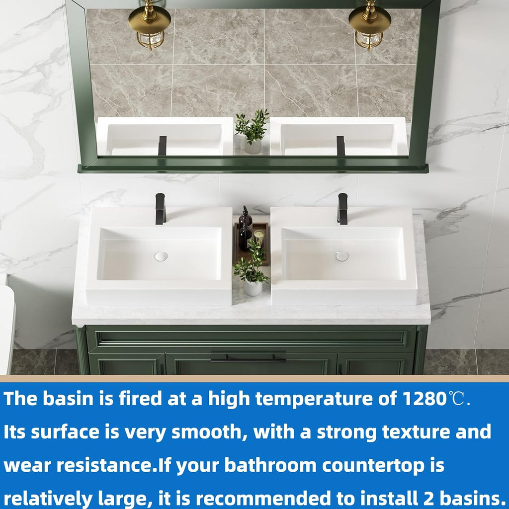 KINGWONG 24' x 18.3' Rectangular Ceramic Vessel Sink, White Bathroom Sink Above Counter, No Overflow Single Hole Basin for Vanity Top, High Temp Fired Porcelain, Stain Resistant Glossy Easy to Clean