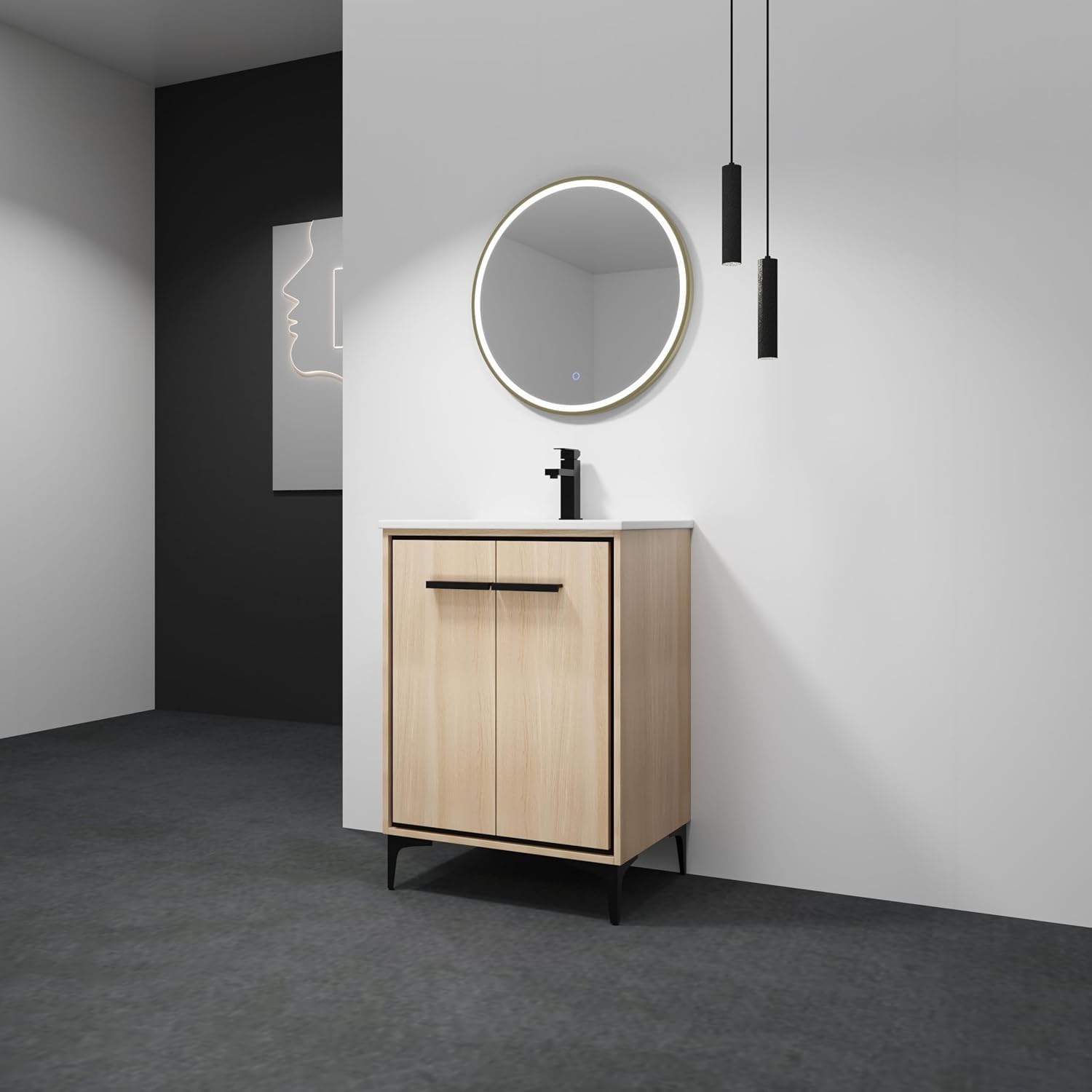 24 Inch Bathroom Vanity with Sink, Freestanding Single Sink Bathroom Vanity with Soft Closed Doors, Integrated Sink, Engineered Wood Bathroom Sink Vanity (Oak)