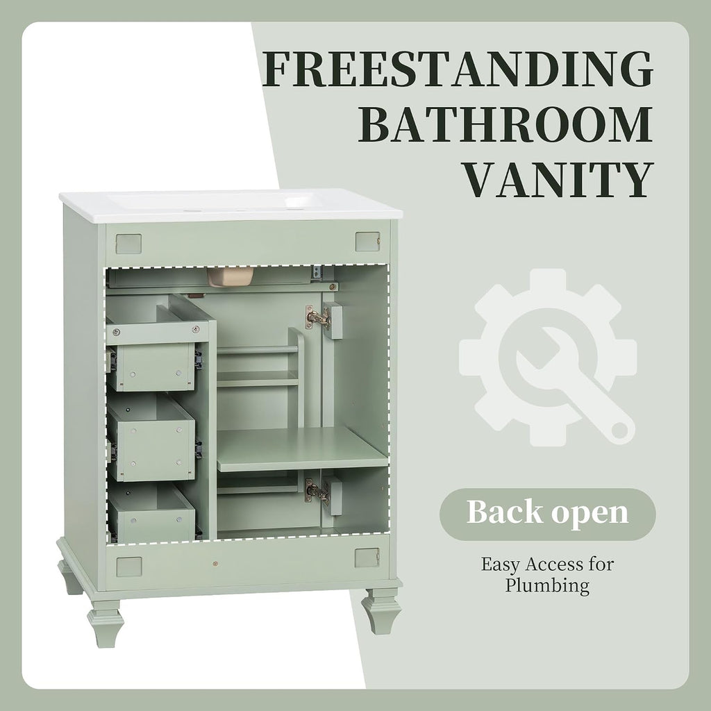 24' Bathroom Vanity with Sink & Countertop Modern Single Sink Vanity with 1 Flip-Out Drawer & 3 Drawers & Door Racks Freestanding Bathroom Sink Cabinet Saving Space,Light Green