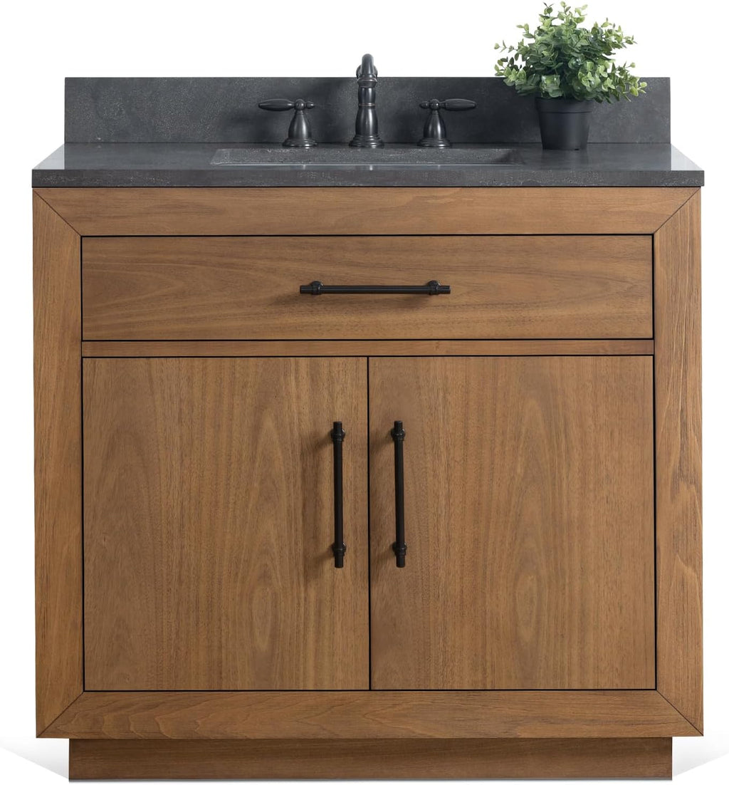 HOMEBEYOND 36' Bathroom Vanity with Single Sink & Ceramic Top, MDF Material Vanity Cabinet with Basin Combo, Soft-Closing Doors, Removable Shelf, Backsplash, Tan