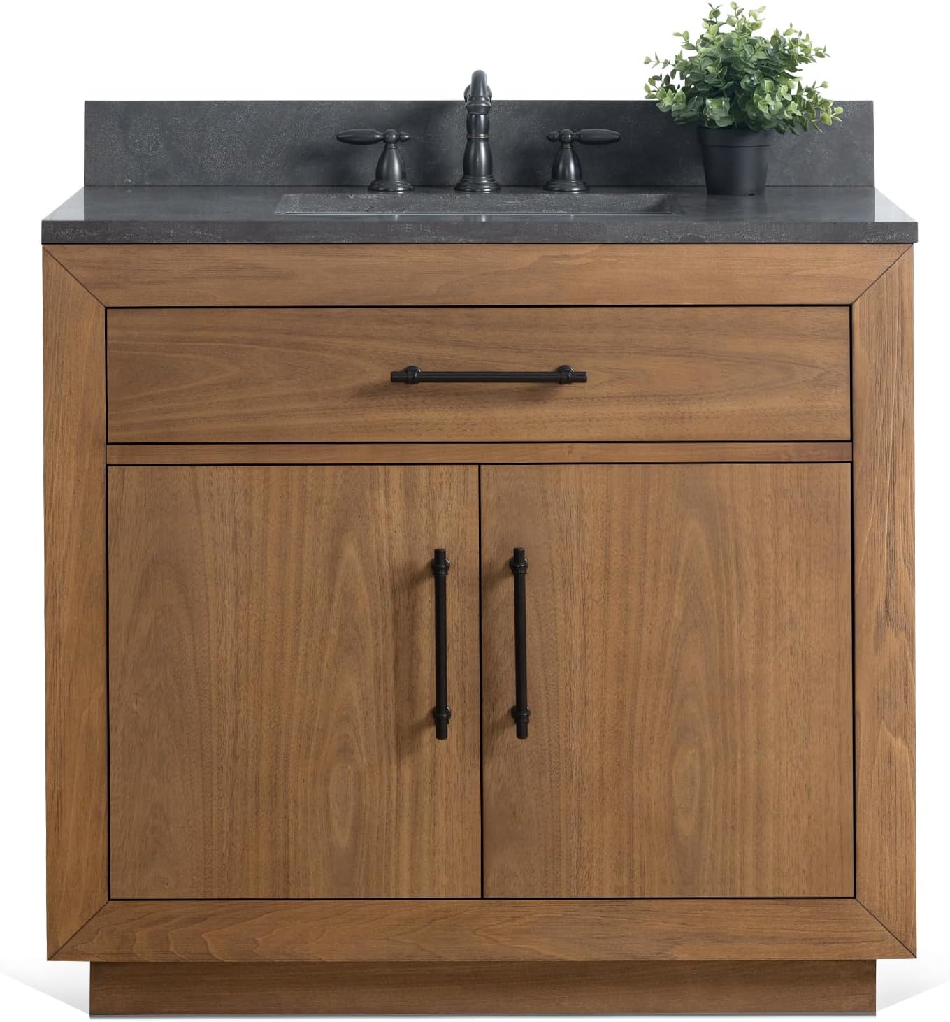 HOMEBEYOND 36' Bathroom Vanity with Single Sink & Ceramic Top, MDF Material Vanity Cabinet with Basin Combo, Soft-Closing Doors, Removable Shelf, Backsplash, Tan