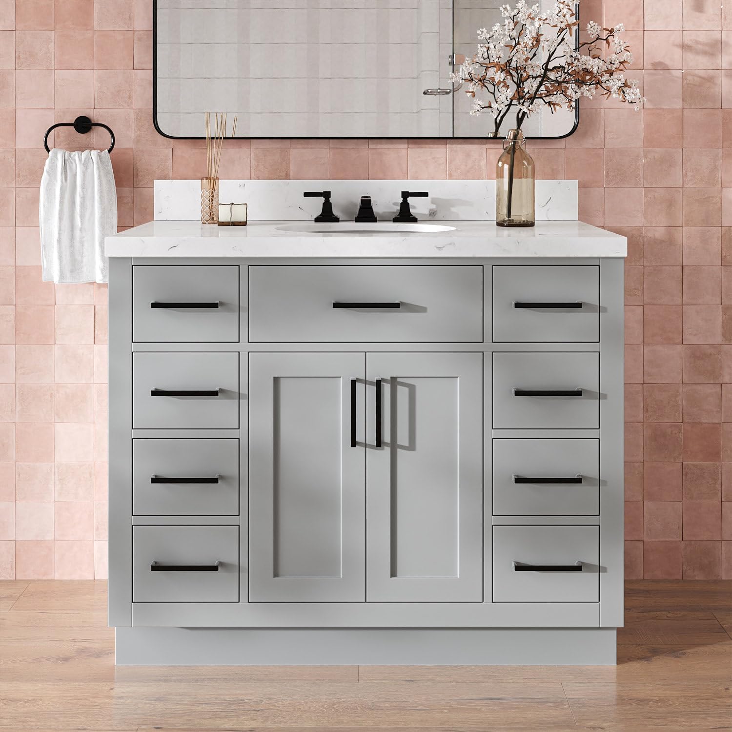 DKB Isabella 42-Inch Gray Bathroom Vanity with Sink, 1.5-Inch Edge Carrara Quartz Countertop, Solid Wood Frame, Oval Undermount Sink, 2 Soft Closing Doors, 9 Full Extension Drawers, Toe Kick