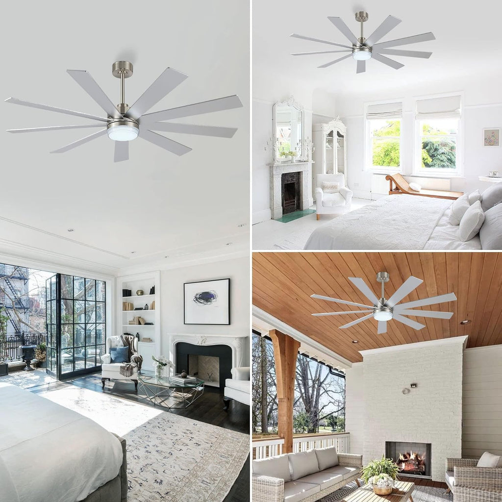 LEDLUX 72' Ceiling Fan with Light, 6-Speed Remote Control, Reversible DC Motor, Modern 9 Blades Silver with 4.5'/12'/24' Downrods for Home or Commercial, Living Room/Restaurant