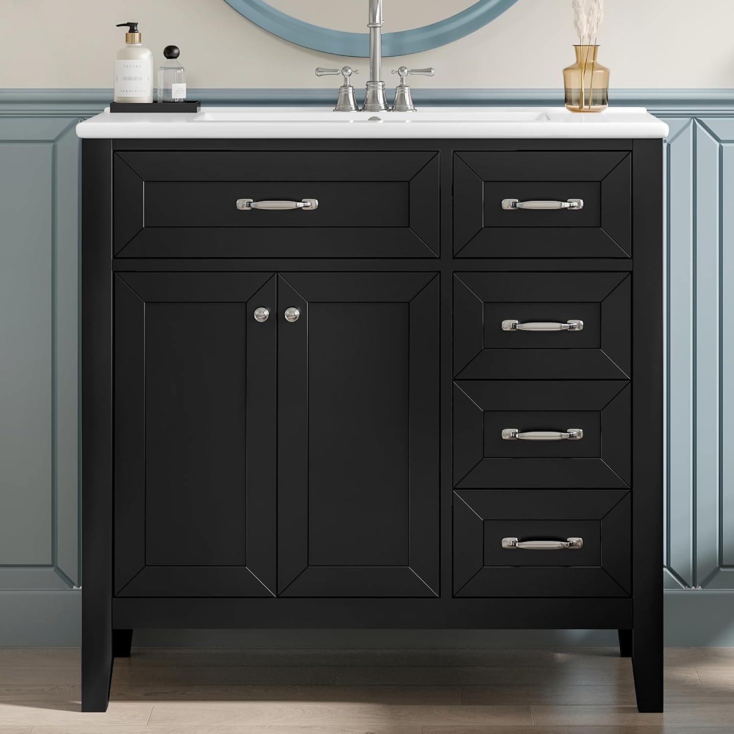 36' Bathroom Vanity with Sink Combo, Bathroom Cabinet with Drawers, Solid Frame and MDF Board,Black