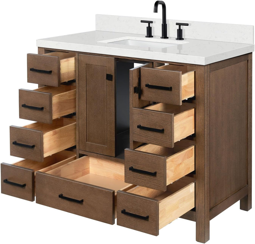 ARIEL Cambridge 42-inch Bathroom Vanity with Sink,Solid Wood, 1.5-inch Carrara White Quartz Countertop, Single Rectangular Porcelain Sink, 2 Soft Closing Doors, 9 Dovetail Drawers, Brown Oak