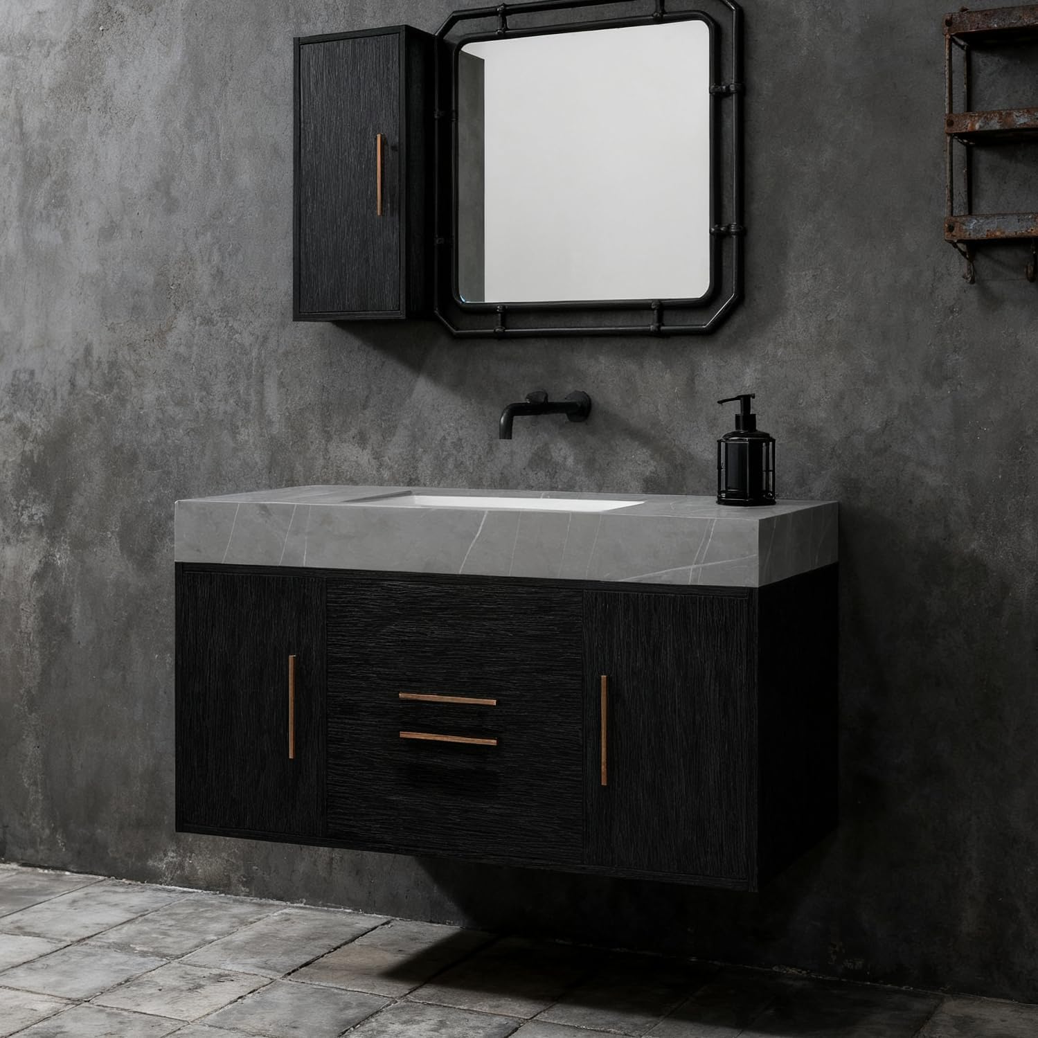 40' Bathroom Vanity with Sink Set, Modern Wall Mounted Bathroom Vanity Cabinet with Ceramic Sink,Gold Handle 2 Drawers&2 Storage Cabinets, Single Sink Floating Bathroom Vanity, Black Grey