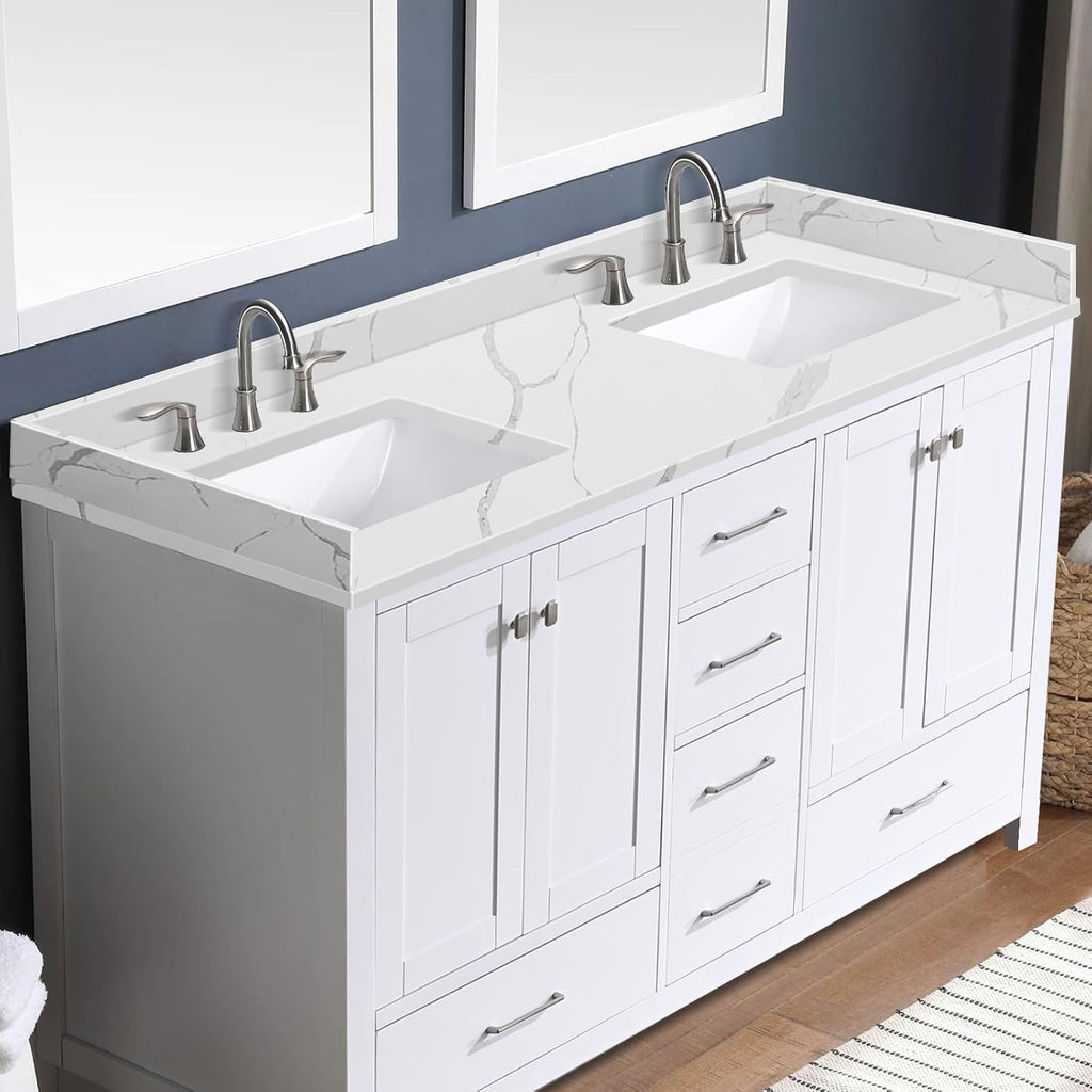60 in.W x 22 in.D Quartz Calacatta River Vanity Top,with Undermount Double Sink Vanity Top,with Two Sidesplash & One Backsplash,8 Inch Faucet Hole Spread Bathroom Vanity Sink Countertop