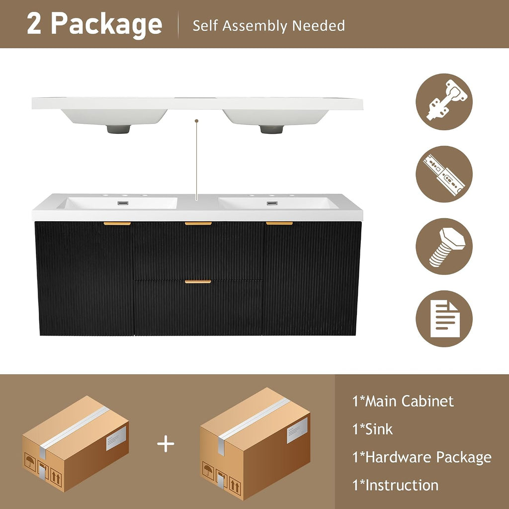 60' Bathroom Vanity with Sink Combo, Floating Double Sink Bathroom Vanity with SMC Resin Top, MDF Cabinet, Wall-Mounted Bath Room Vanities for Large Bathrooms (60''-Black)