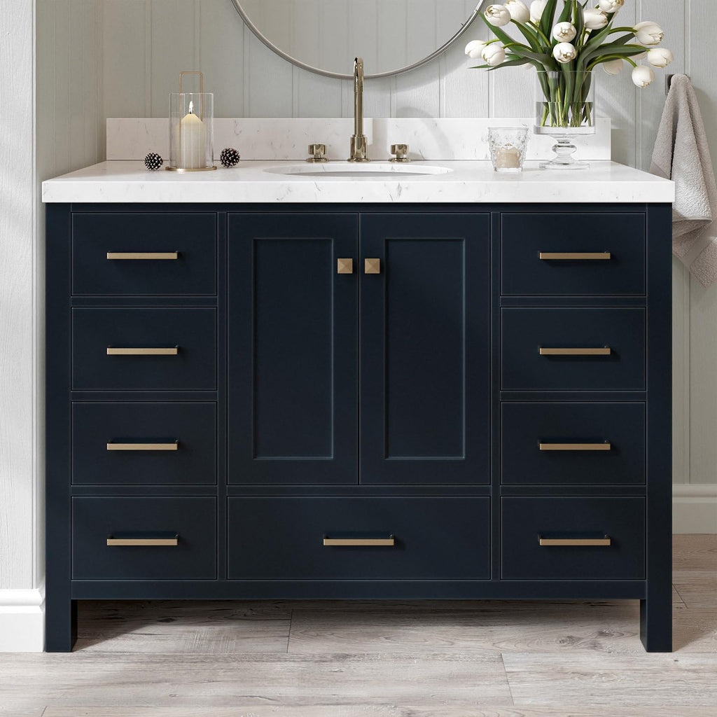 ARIEL Cambridge 48-inch Bathroom Vanity with Sink,Solid Wood, 1.5-inch Carrara White Quartz Countertop, Single Oval Porcelain Sink, 2 Soft Closing Doors, 9 Dovetail Drawers, Midnight Blue