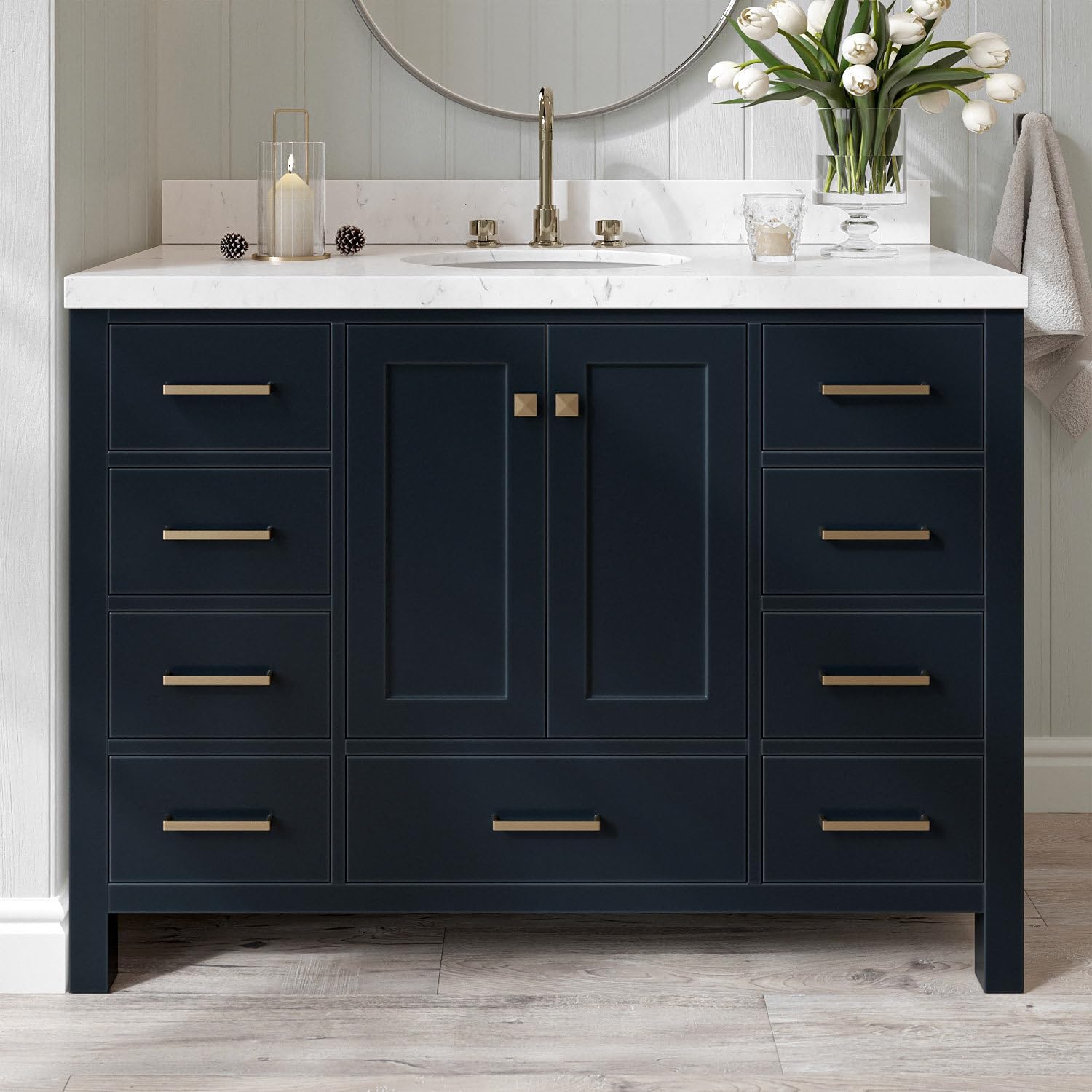 ARIEL Cambridge 48-inch Bathroom Vanity with Sink,Solid Wood, 1.5-inch Carrara White Quartz Countertop, Single Oval Porcelain Sink, 2 Soft Closing Doors, 9 Dovetail Drawers, Midnight Blue