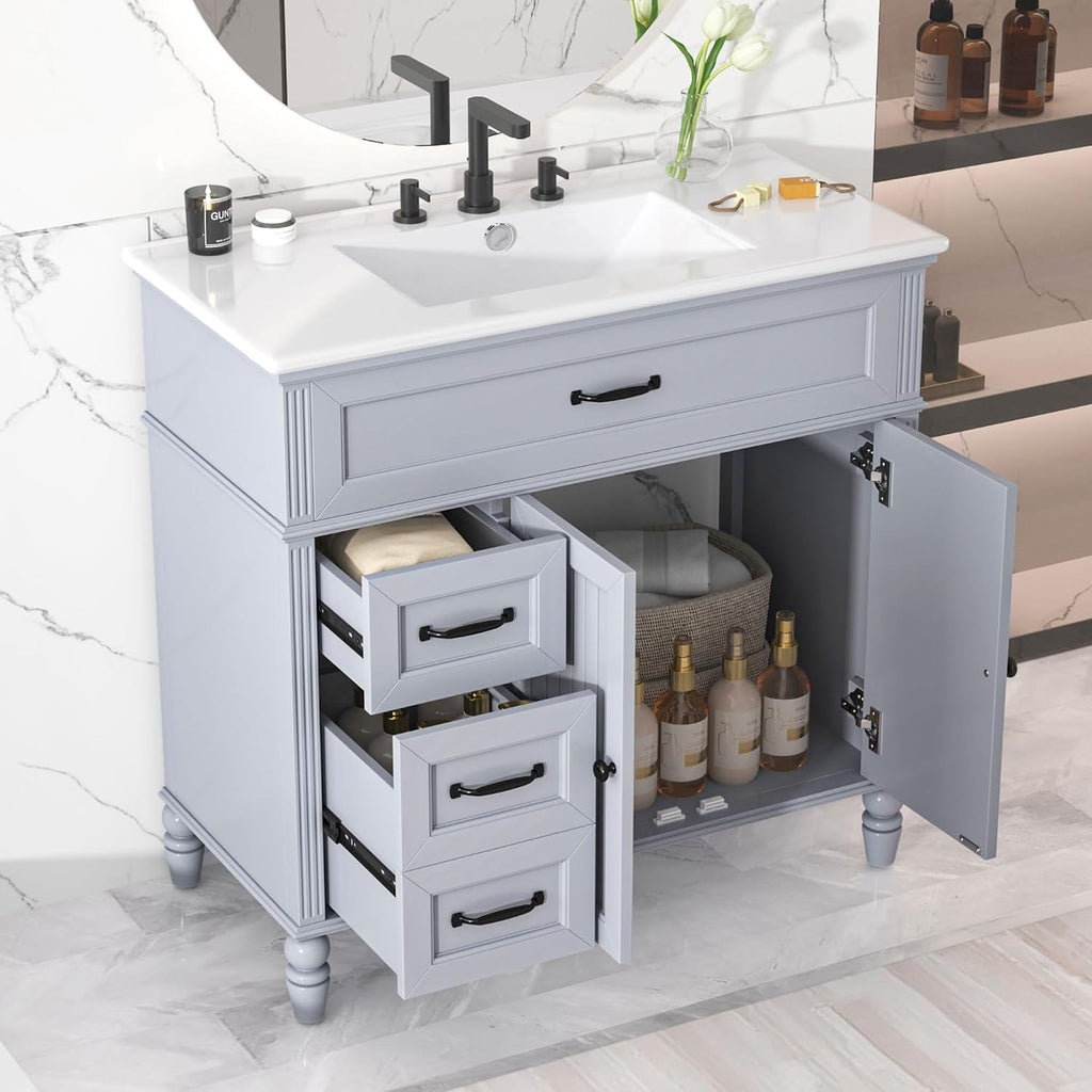Harper & Bright Designs 36' Bathroom Vanity with Sink, Free Standing Single Basin Vanity Set with 2 Drawers & 2 Doors, Solid Wood Bathroom Cabinet with Ceramic Basin for Bathroom, Grey
