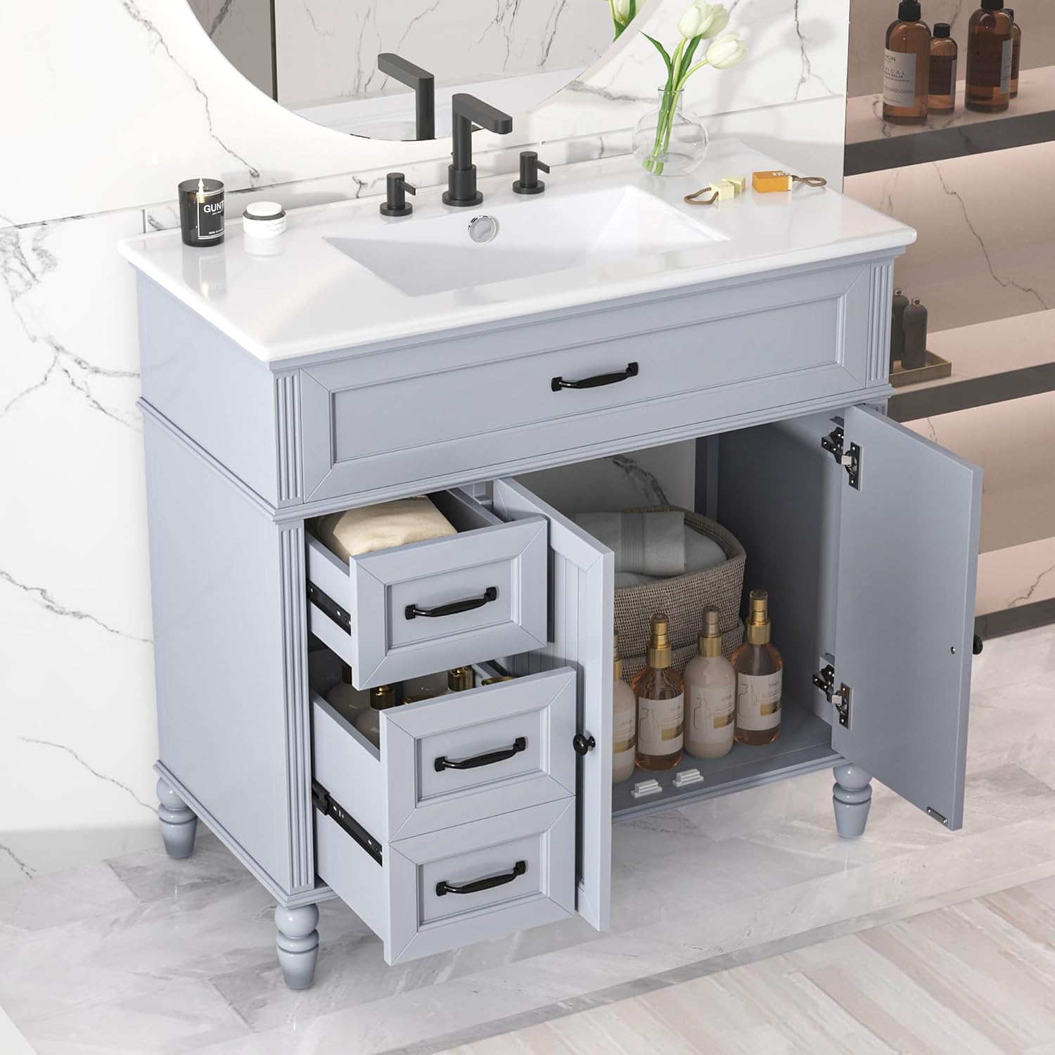 Harper & Bright Designs 36' Bathroom Vanity with Sink, Free Standing Single Basin Vanity Set with 2 Drawers & 2 Doors, Solid Wood Bathroom Cabinet with Ceramic Basin for Bathroom, Grey