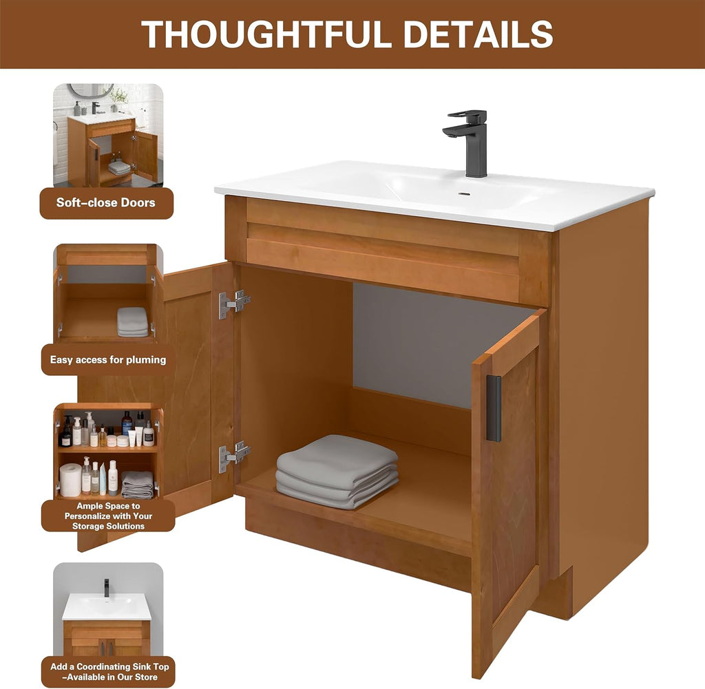 Maple Shaker Sink Base Bathroom Vanity 24'/30'/36' Width (36' Width)