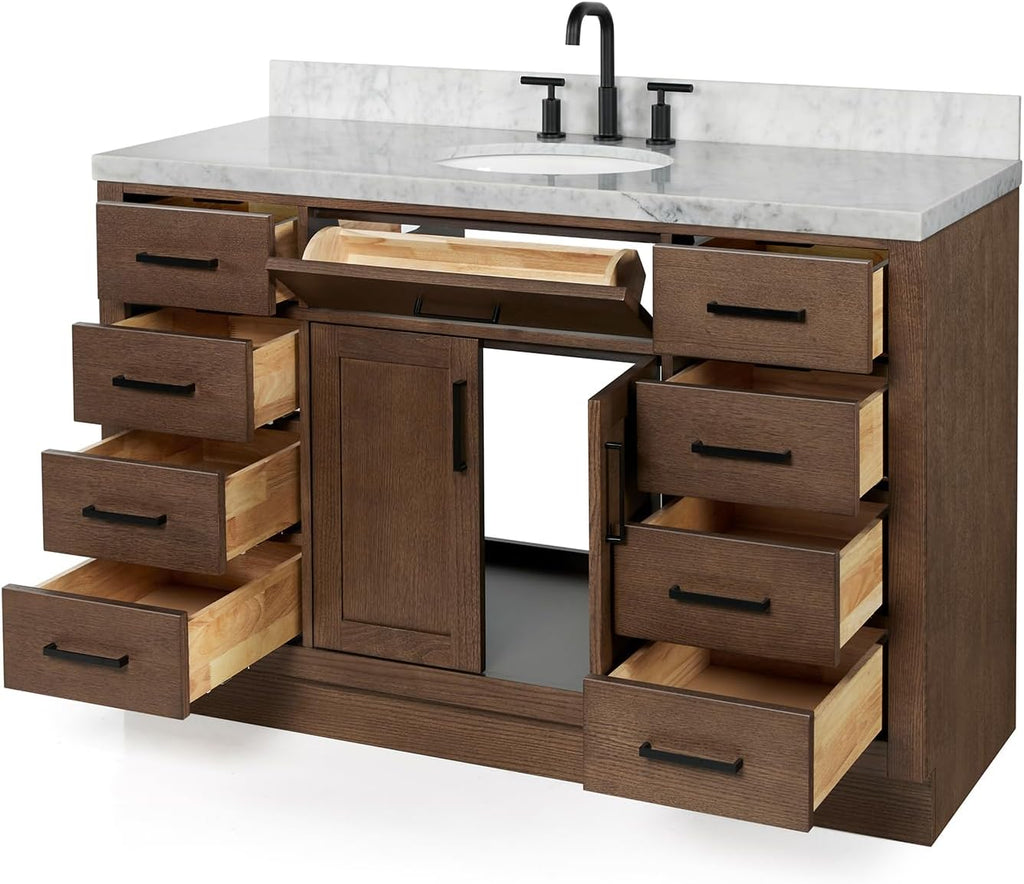 ARIEL Hepburn 54-inch Bathroom Vanity with Sink,Solid Wood, 1.5-inch Italian Carrara Marble Countertop & Backsplash, Single Oval Porcelain Sink, 2 Soft Closing Doors, 9 Dovetail Drawers, Brown Oak