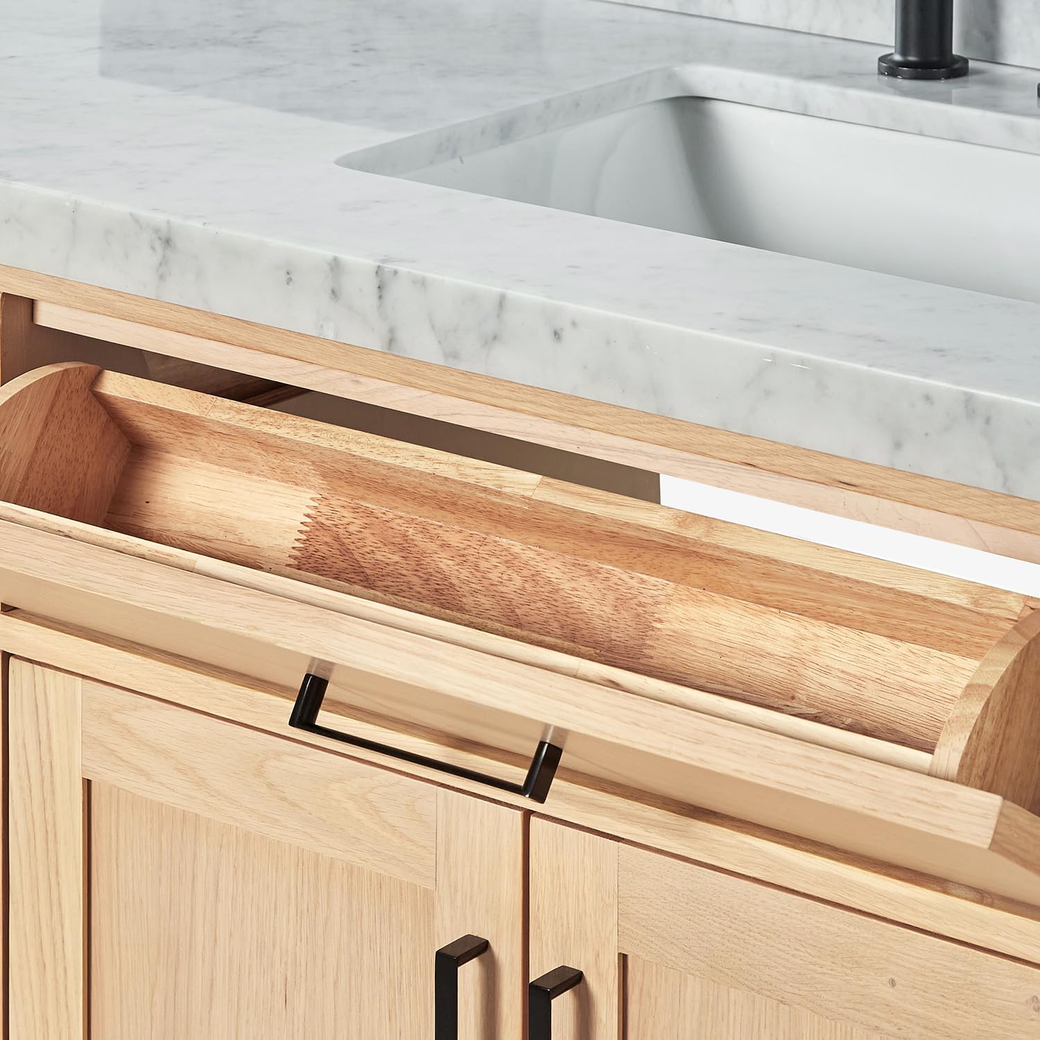 ARIEL Hepburn 60-inch Bathroom Vanity with Sink,Solid Wood, 1.5-inch Italian Carrara Marble Countertop, Single Rectangular Porcelain Sink, 2 Soft Closing Doors, 9 Dovetail Drawers, White Oak
