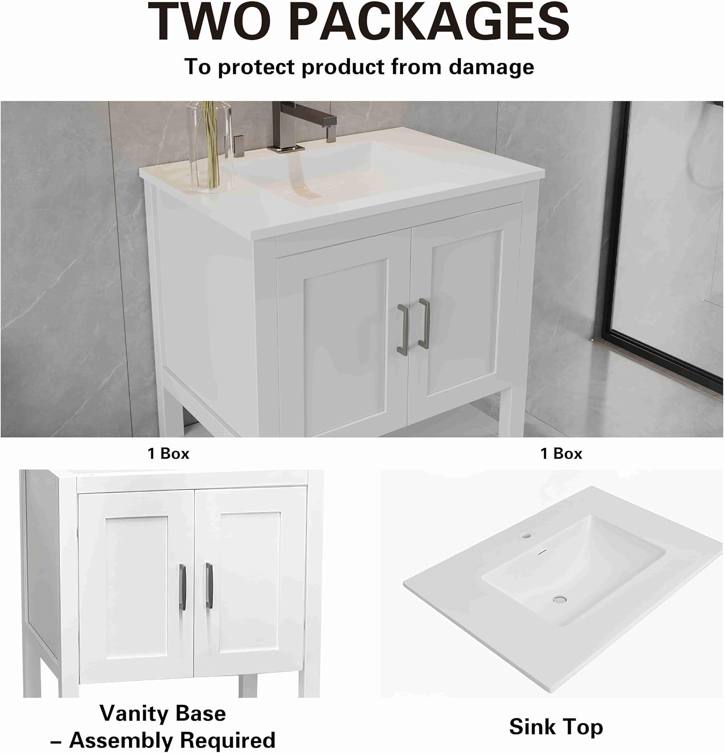 36' Bathroom Vanity with Sink – Freestanding Solid Wood Cabinet with Open Shelf, Soft-Close Doors, Matte White Resin Integrated Top (37' Top Included, White)