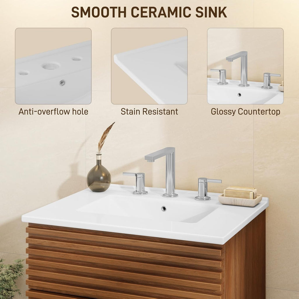 Vabches Bathroom Vanity with Sink Combo, Mid-Century Bathroom Cabinet with 3 Storage Drawers, Freestanding Storage Cabinet with Soft Closing Door, Vintage Sink Vanity with Wood Grain Laminate, Walnut