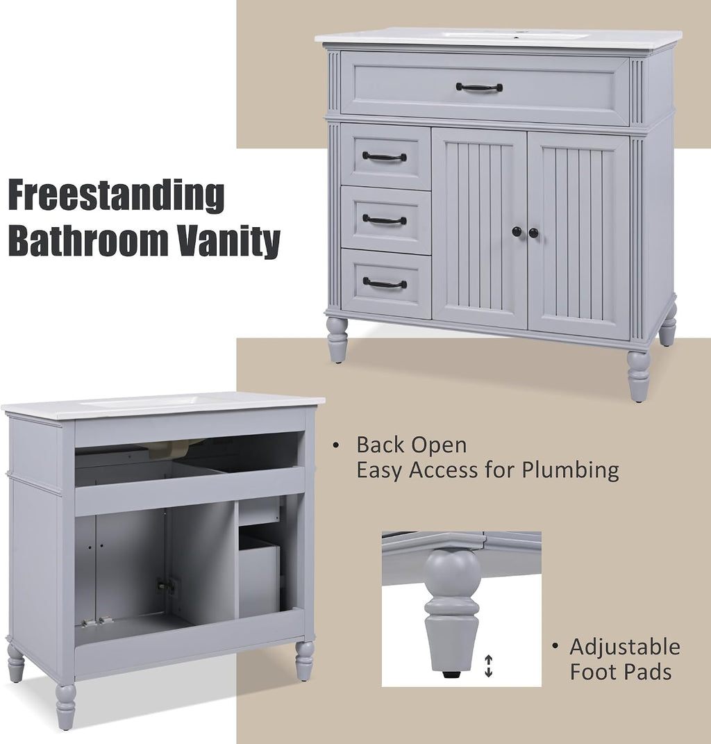 Harper & Bright Designs 36' Bathroom Vanity with Sink, Free Standing Single Basin Vanity Set with 2 Drawers & 2 Doors, Solid Wood Bathroom Cabinet with Ceramic Basin for Bathroom, Grey