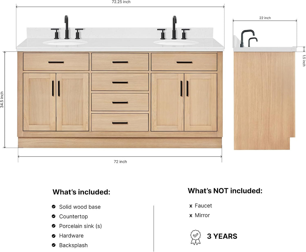 ARIEL Hepburn 72-inch Bathroom Vanity with Sink,Solid Wood, 1.5-inch Carrara White Quartz Countertop & Backsplash, Double Oval Porcelain Sink, 4 Soft Closing Doors, 6 Dovetail Drawers, White Oak
