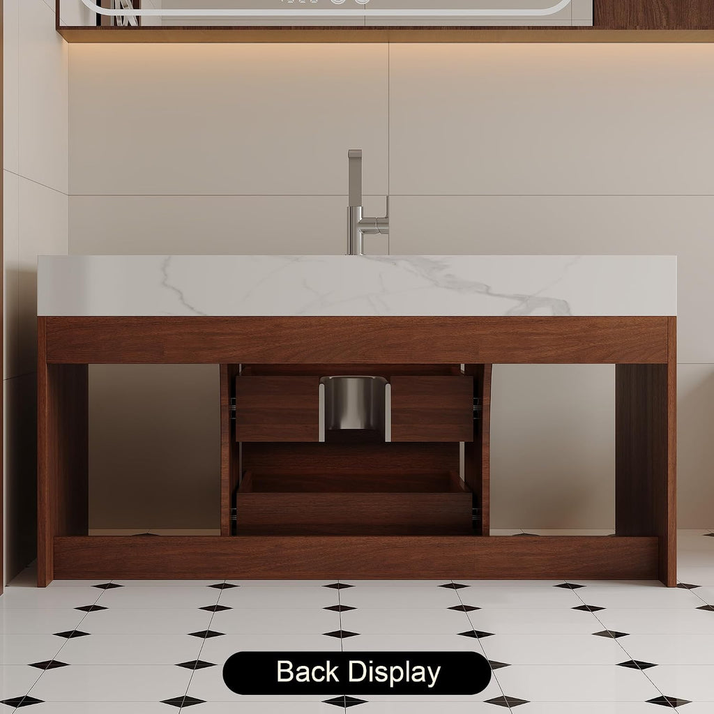 40 inch Bathroom Vanity with Ceramic Sink and Stone Marble Counter Top Modern Wall Mounted Floating Bathroom Sink Cabinet with 2 Drawers&2 Open Shelves&Gold Metal Handle, Walnut