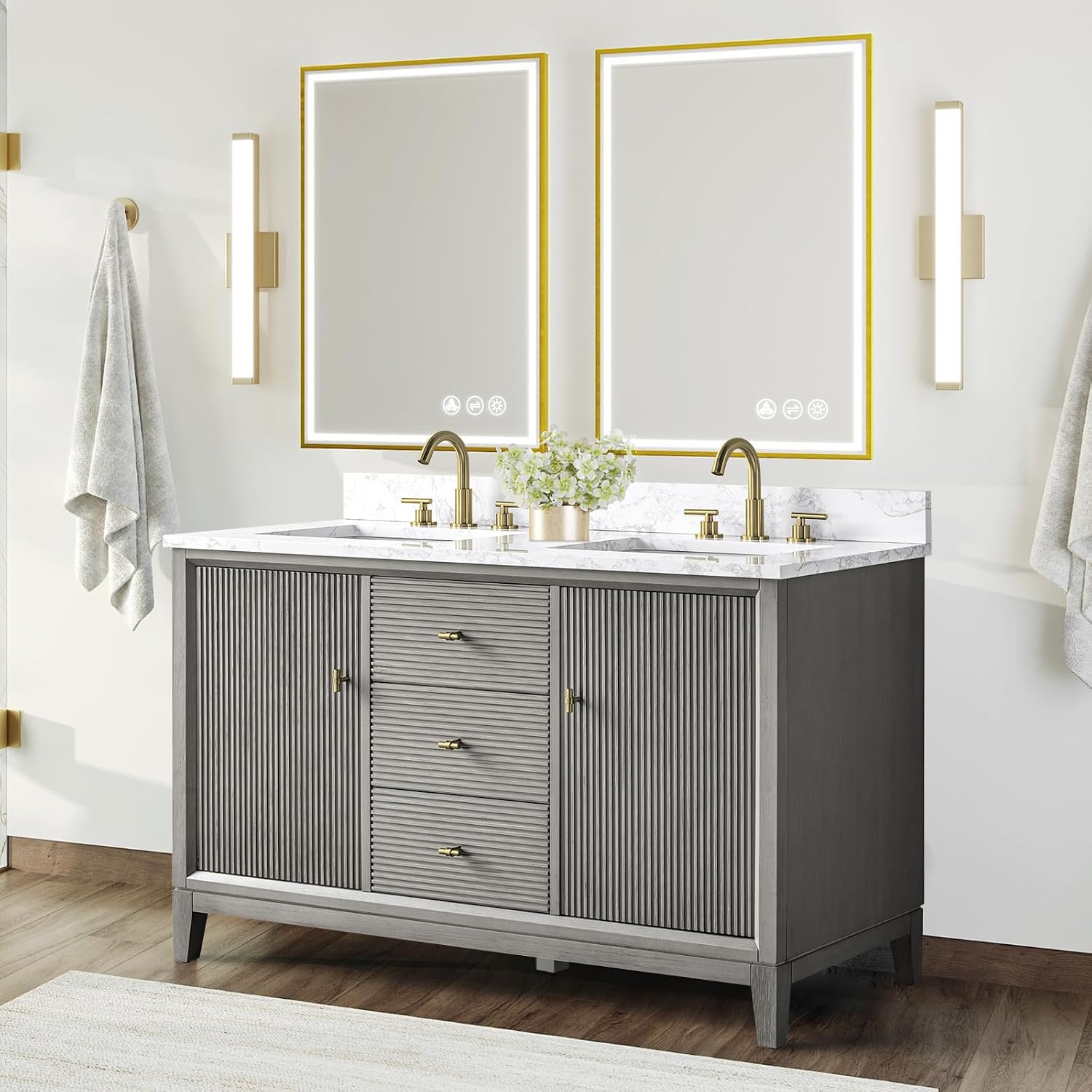 HOMEBEYOND 54' Bathroom Vanity with Double Sink & Engineered Marble Top, Solid Wood Frame, Linear Pattern & Soft Close Door | Golden Brushed Handware, Driftwood Gray