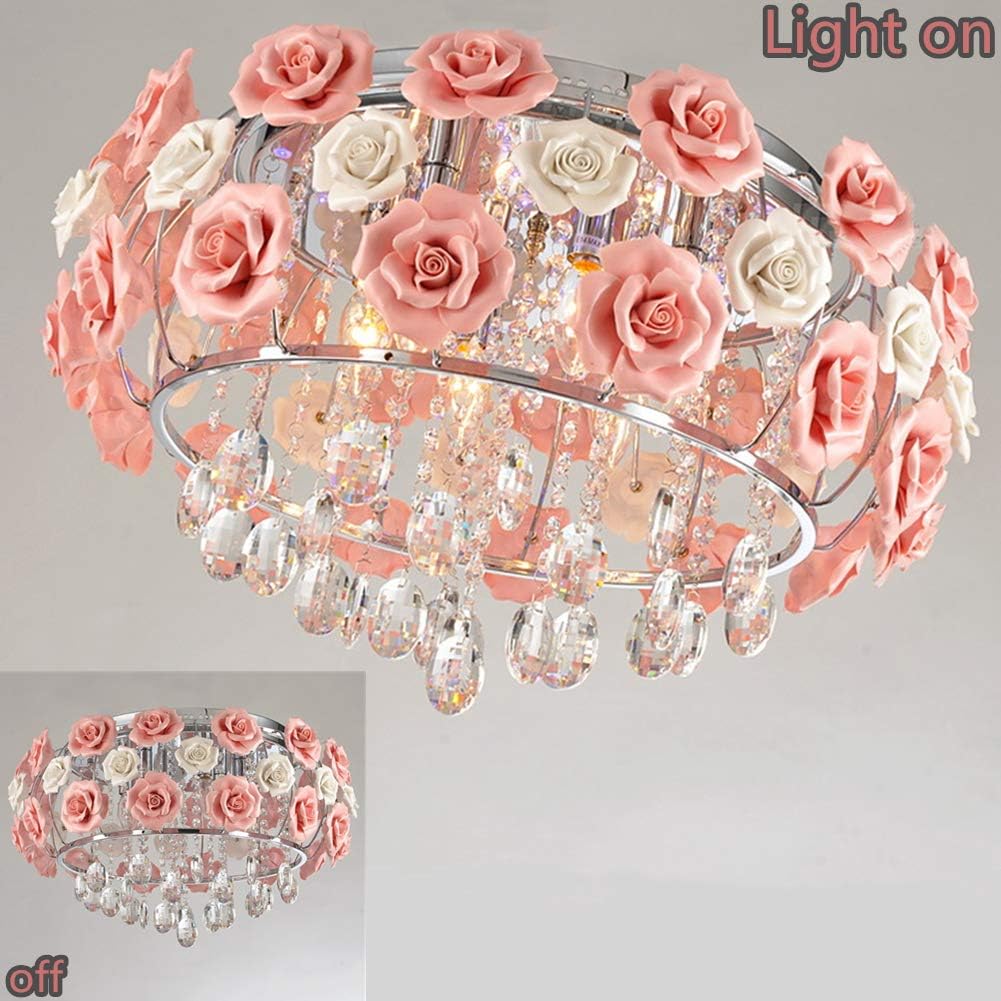 19.5inch Crystal Ceiling Light Fixtures Flush Mount Ceramic Rose Flowers, Chandelier Pendant Lighting with 5-Light E12 Socket for Living/Dining Room Bedroom Girl Room