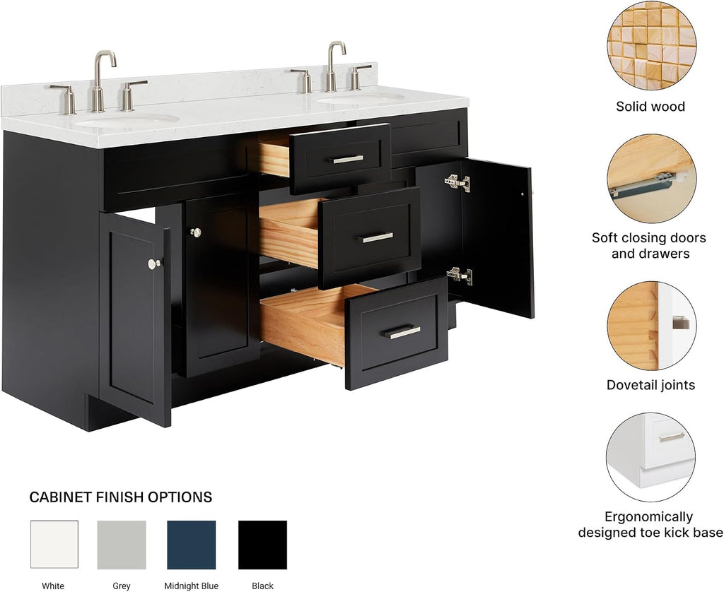 ARIEL Hamlet 66-inch Bathroom Vanity with Sink,Solid Wood, 1.5-inch Carrara White Quartz Countertop & Backsplash, Double Oval Porcelain Sink, 4 Soft Closing Doors, 3 Dovetail Drawers, Black