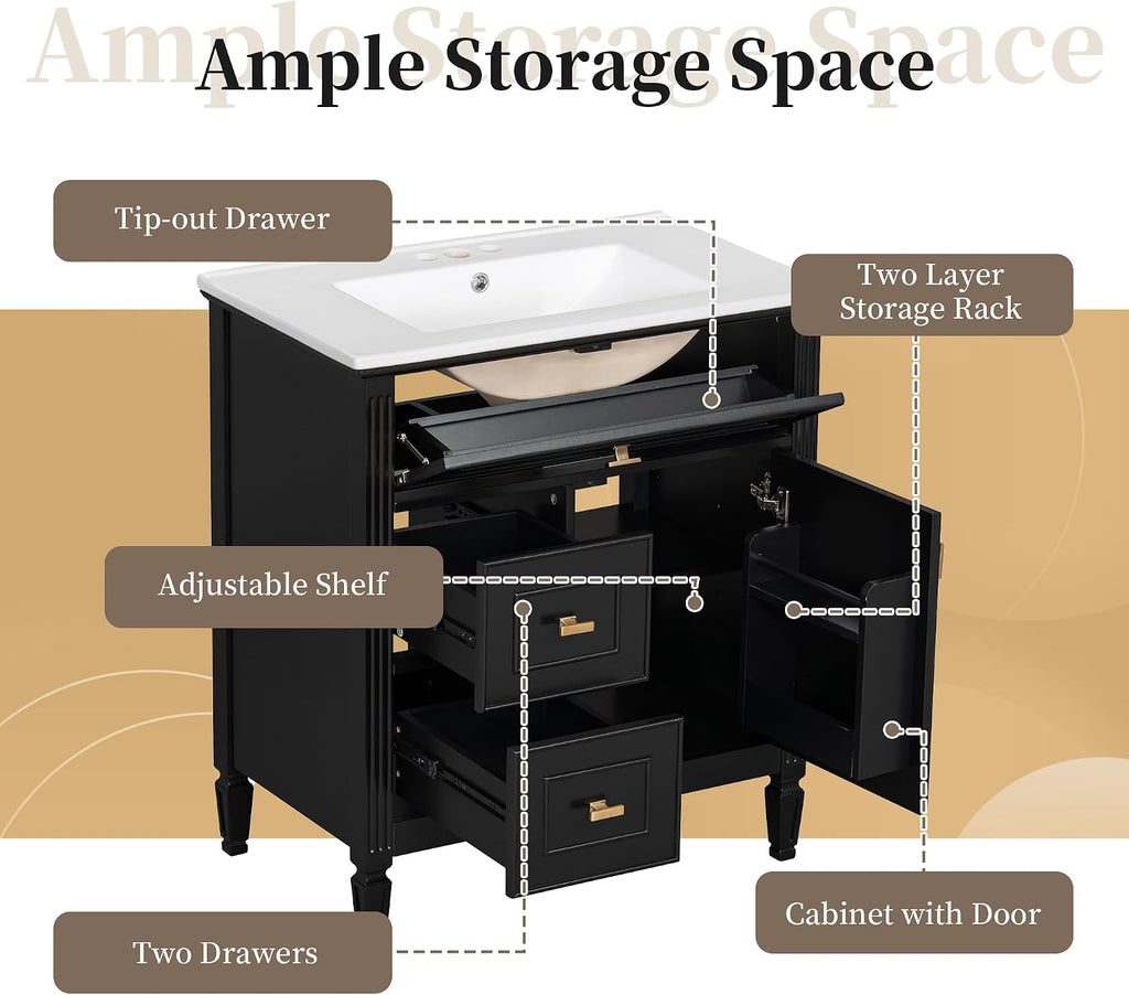 Harper & Bright Designs 30' Bathroom Vanity with Sink, Free Standing Vanity Set with Tip-Out Drawer, 2 Drawers, and Adjustable Shelf, Wood Bathroom Cabinet with Ceramic Basin for Bathroom, Black