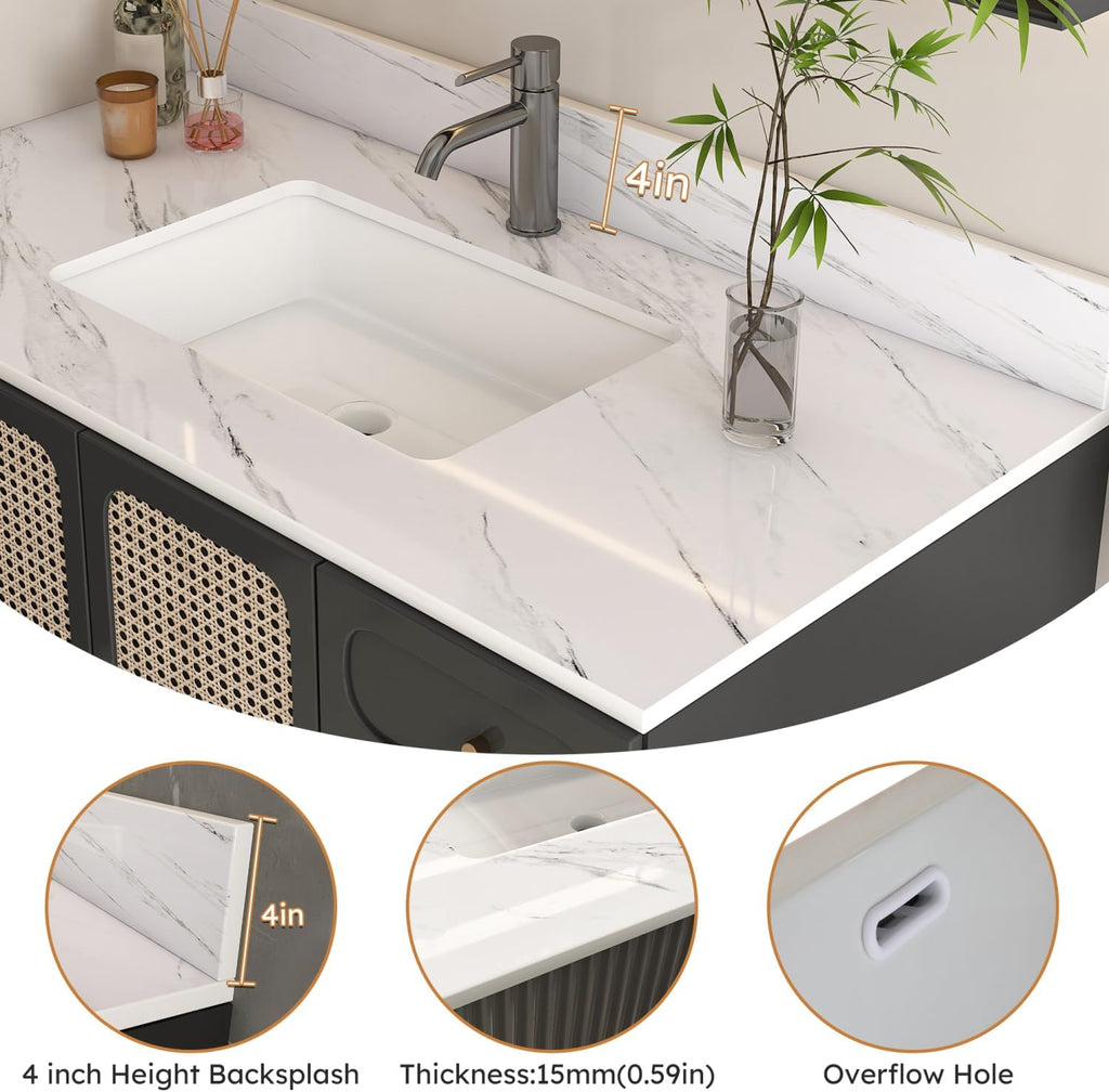 43 Inch Marble Vanity Top with Sink, Sintered Stone Vanity Sink Top with Undermount Ceramic Sink & Backsplash, Single Hole Countertops for Bathroom (Elegant White)